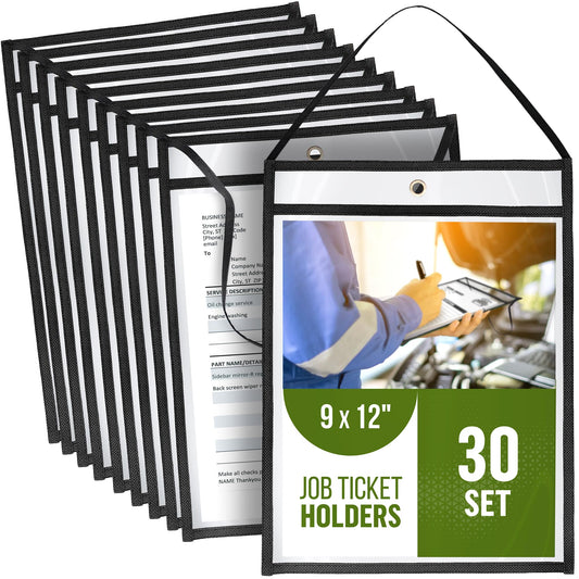 30 Pack Job Ticket Holders 9x12 with Strap - Hanging Shop Ticket Holders - Work Order Plastic Sleeves for Documents - Dry Erase Pocket Sleeves - Dry Erase Pockets - Clear Pocket Sleeve 9 x 12