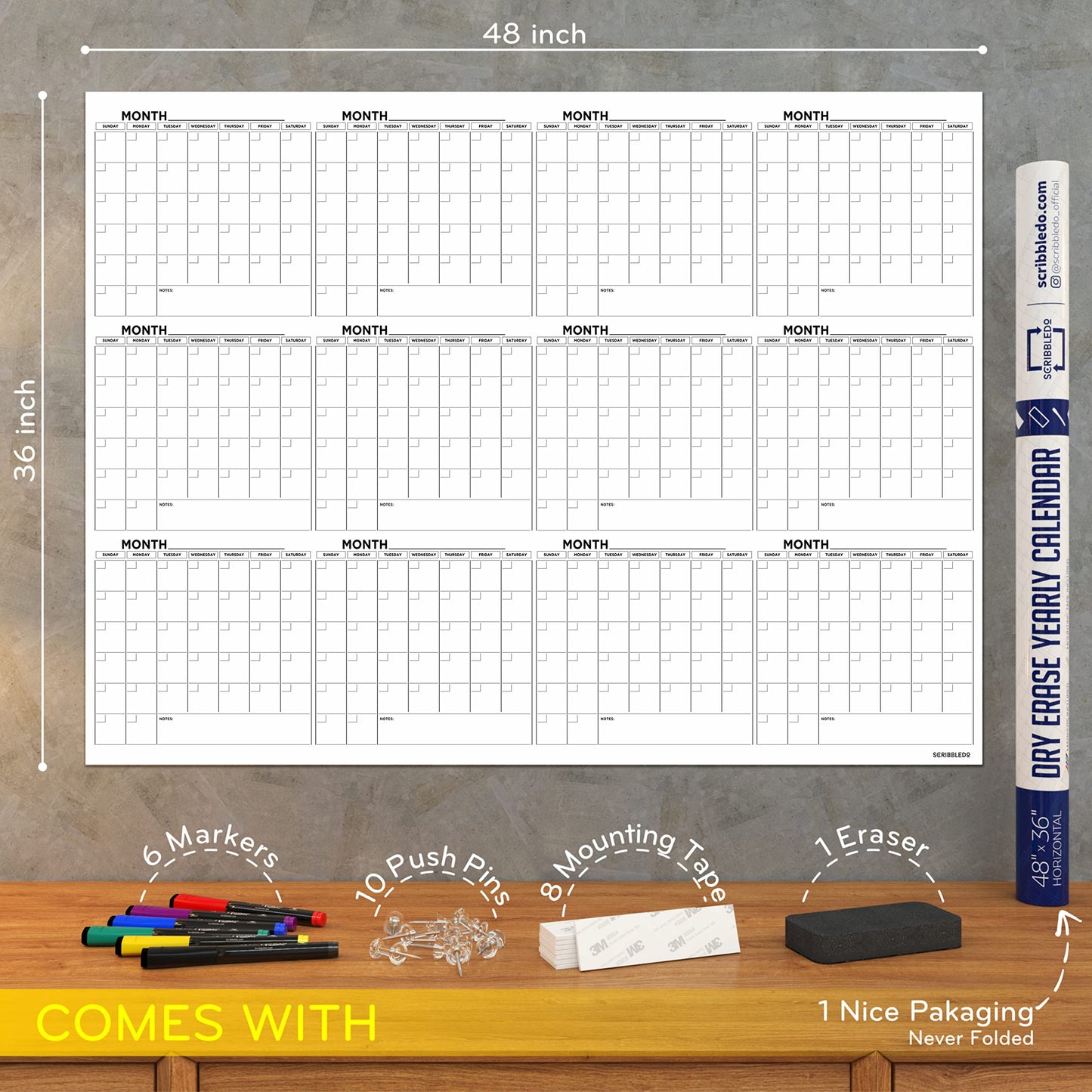 Large 36"x48" White Board Calendar for Wall 12 Month Planner Board Big Dry Erase Wall Calendar Monthly Large Includes 6 Markers Eraser Push Pins & Mounting Tape