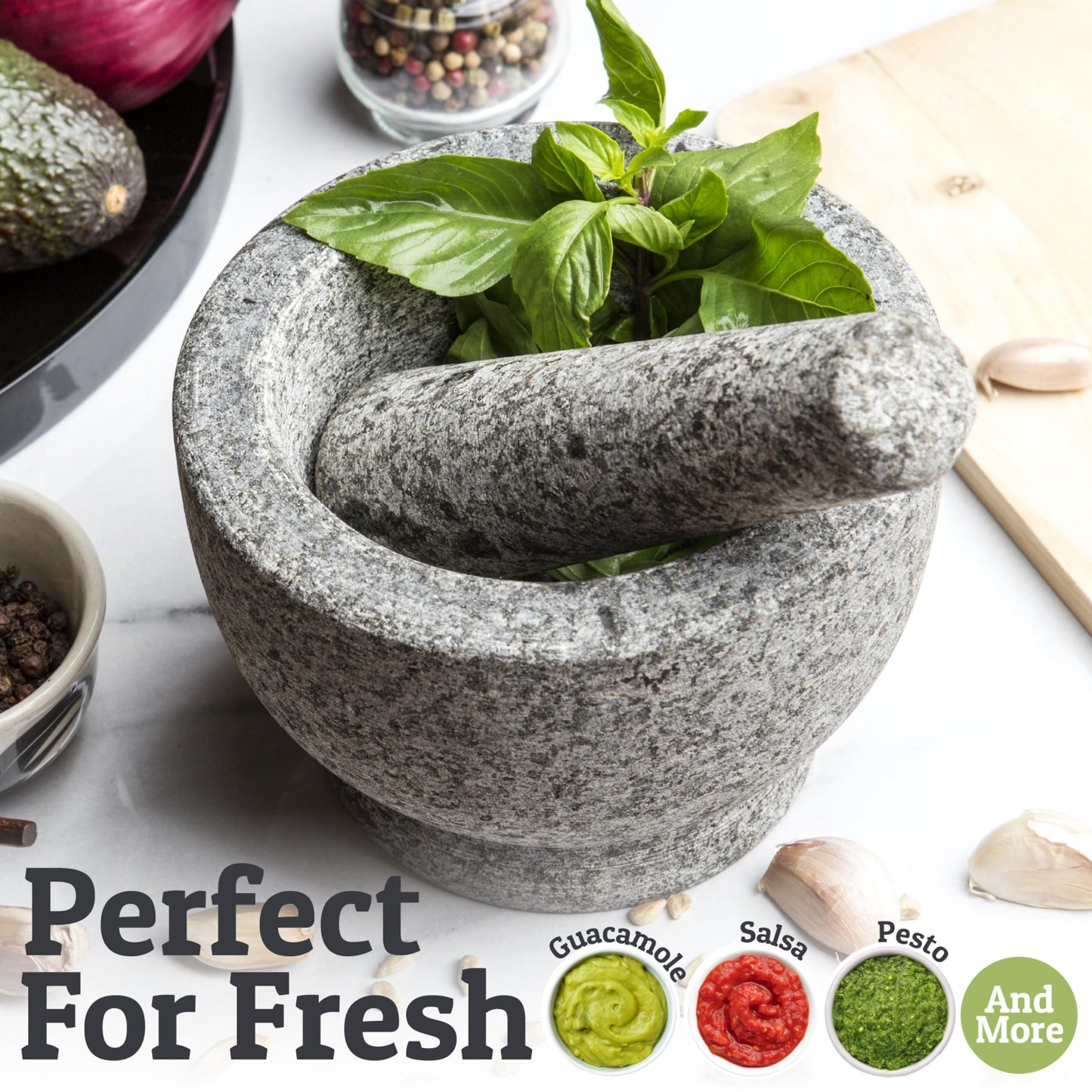 PriorityChef Mortar and Pestle Set, Heavy Duty Natural Granite, Make Fresh Guacamole at Home, Solid Stone Grinder Bowl, Herb Crusher, Spice Grinder, 1.5 Cup Size, Unpolished Grey