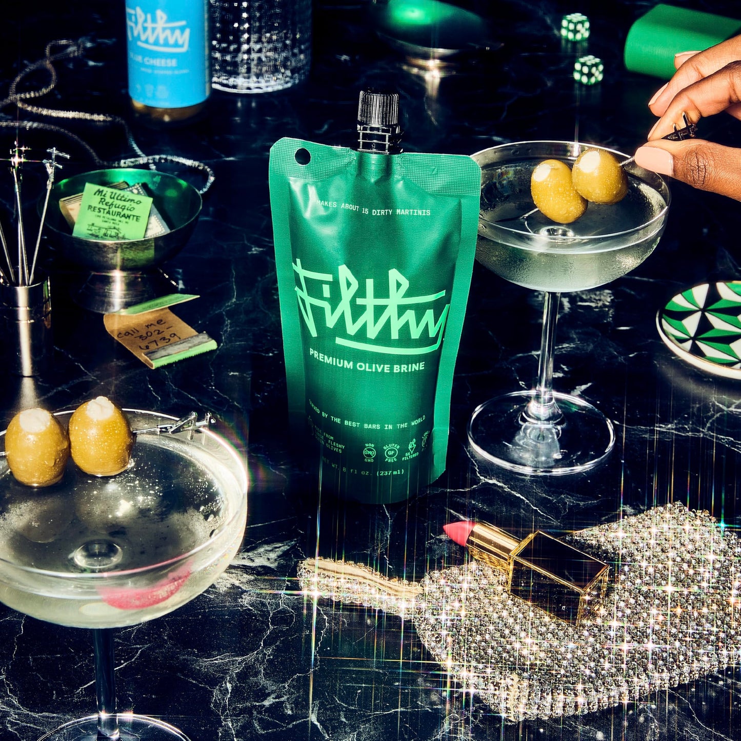 Filthy Martini Cocktail Kit, Premium Cocktail Kit, Includes Olive Brine, Pimento Stuffed Olives, Blue Cheese Stuffed Olives & 4 Stainless Steel Cocktail Picks, Non-GMO, Gluten Free