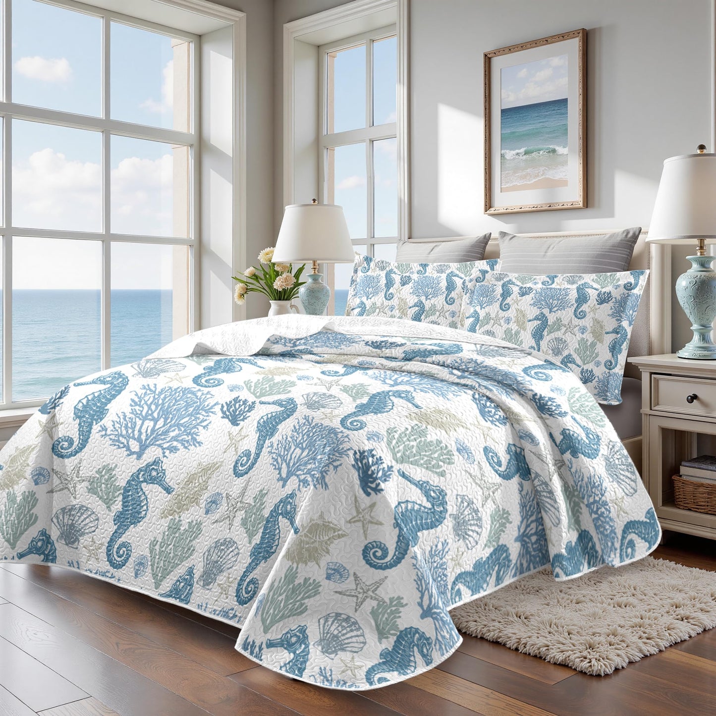 weesire Coastal Bedding Queen Size Coastal Quilt with 2 Shams, Nautical Beach Comforter Sets Ocean Bedspreads Blue Seahorse Coverlet Summer Bedding, 90''x96''