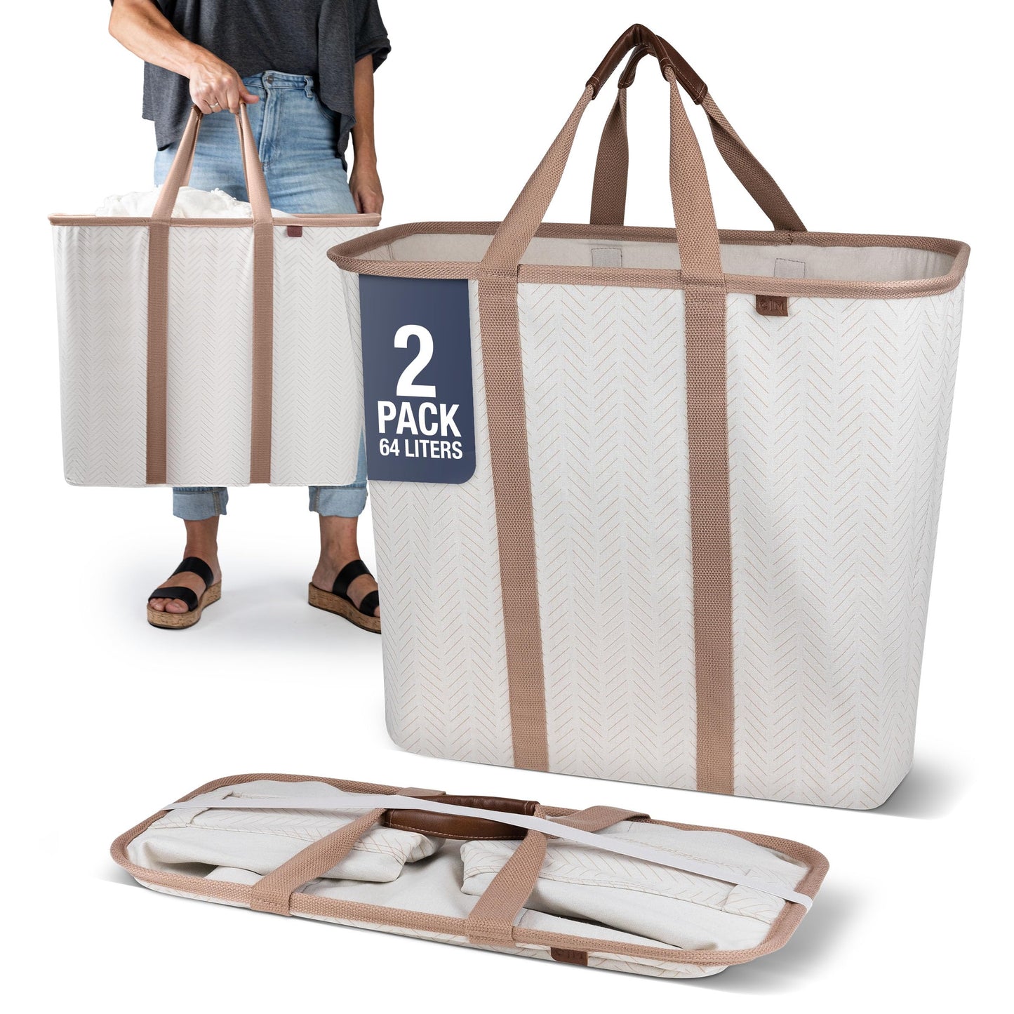 CleverMade Collapsible Laundry Caddy – Foldable Laundry Hamper & Tote, XXL 64L Pop-Up Laundry Basket with Handles, Space-Saving Laundry Organizer for Home & Travel, 2 Pack - LUXE Cream Herringbone