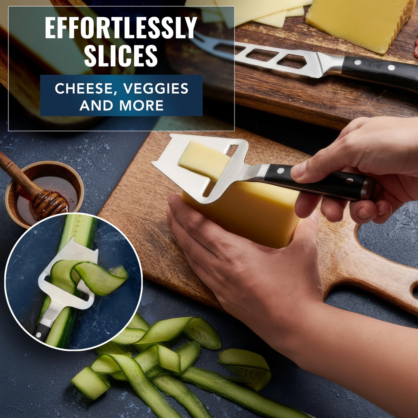 Cutluxe 2-PCS Cheese Knife Set – 5″ Stainless Steel Knife & 3.5″ Slicer for Soft & Hard Cheeses - Sharp Blades, Pronged & Non-Stick, Pakkawood Handles - Cheese Knives For Charcuterie Board
