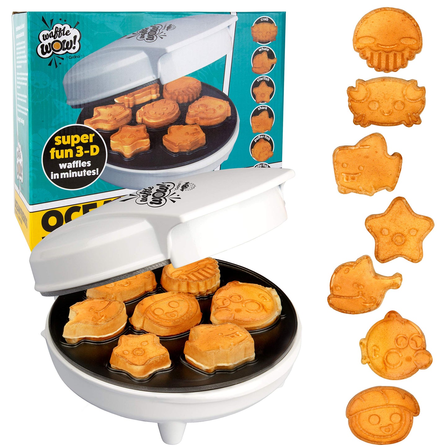 Sea Creature Mini Waffle Maker- Summer Fun, Make 7 Different Ocean Animal Shapes in Minutes- Cool for Kids & Adults w Novelty Aquatic Pancakes- Electric Non-Stick Waffler Iron, Quick & Easy Breakfast