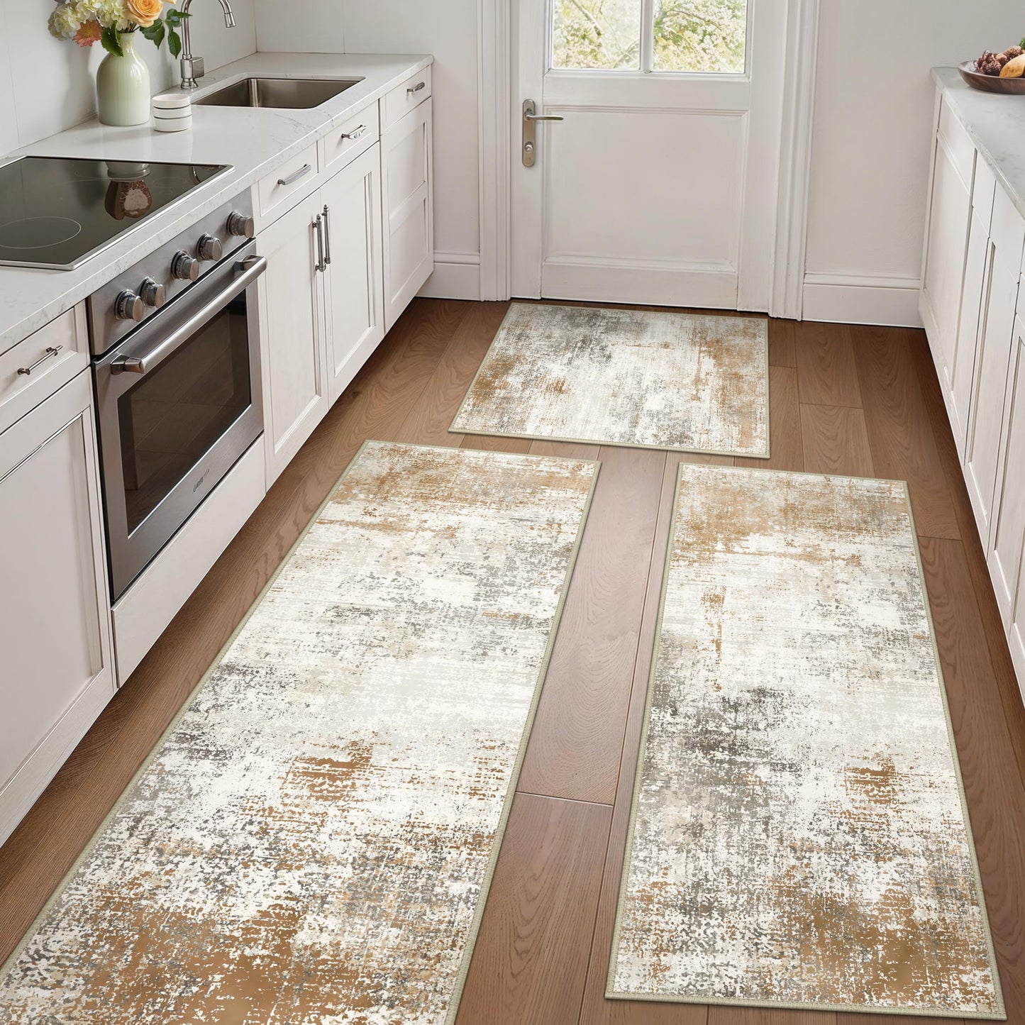 GENIMO Kitchen Rug Sets of 3, Non-Slip Washable Low-Pile Kitchen Mats for Floor, Waterproof Abstract Kitchen Runner Rug, Floor Mat Carpet for Hallway, Laundry, Sink, Entryway, Bathroom, Gold