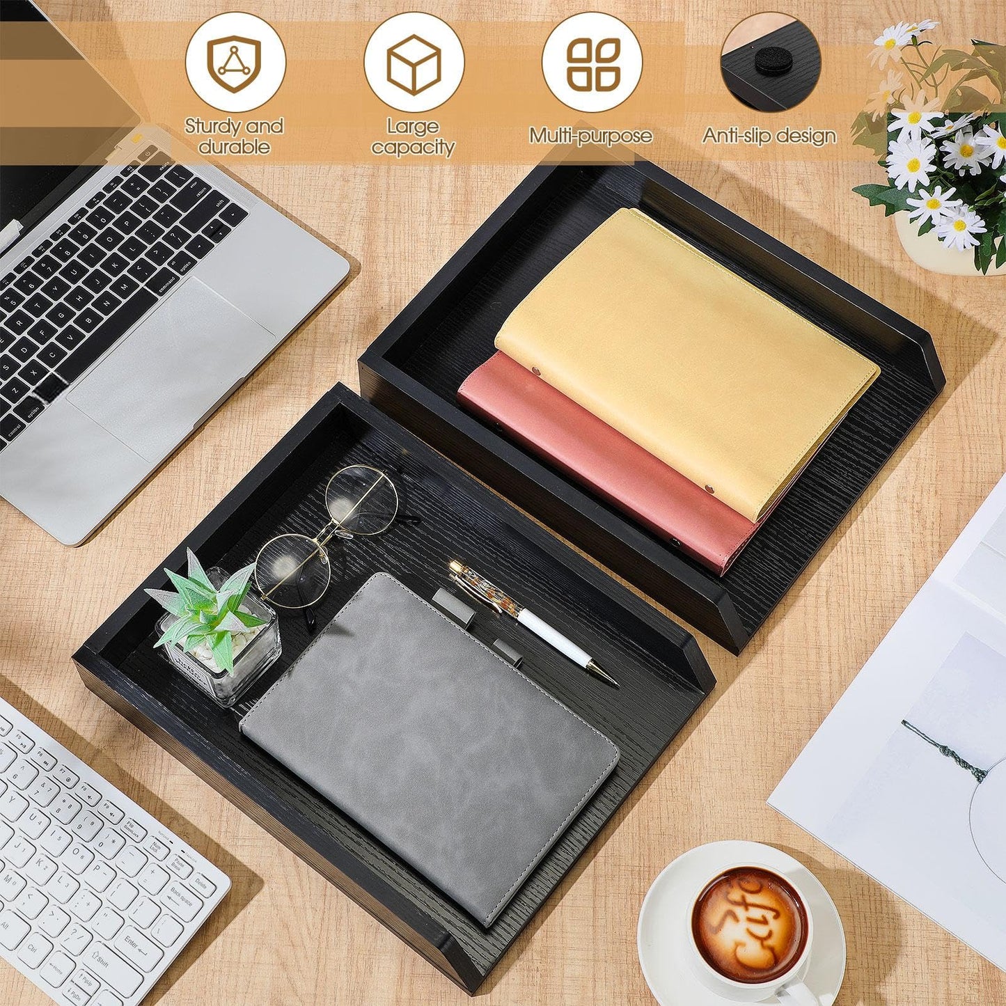 DoubleFill 2 Pcs Wooden Letter Trays Wood Letter-Size Desk Organizer Heavy Duty 2 Tier Stackable Supports Paper Tray Desktop Drawer Organizer File Folder Magazine Office Accessories (Black)