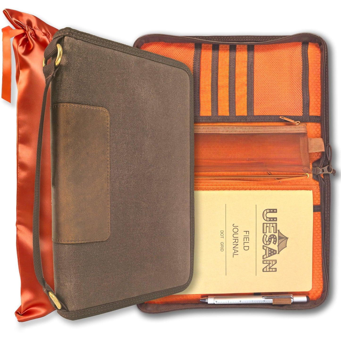 A5 Zippered Field Journal Cover with Detachable Strap, Waxed Canvas ＆ Leather Accent Notebook Organizer Case with Pen Holder, Includes 5.8″ x 8.3″ Refill, for Work, Business, Travel, Sketching, Brown