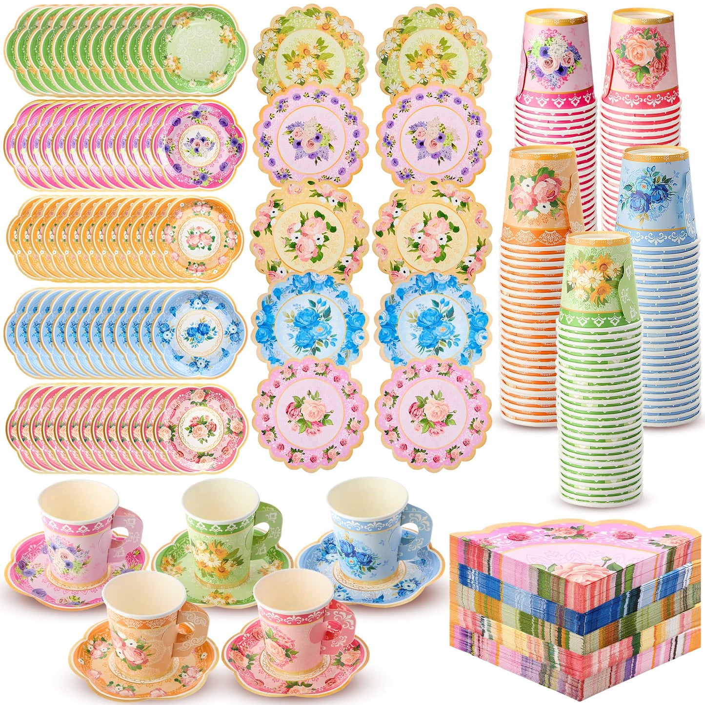 Nuogo 300 Pcs Disposable Tea Party Supplies Vintage Floral Paper Tea Cups with Handle and Plates Napkins Tea Cup and Saucer Set for Birthday Baby Shower Bridal Wedding Mother's Day, Serve 100 Guest