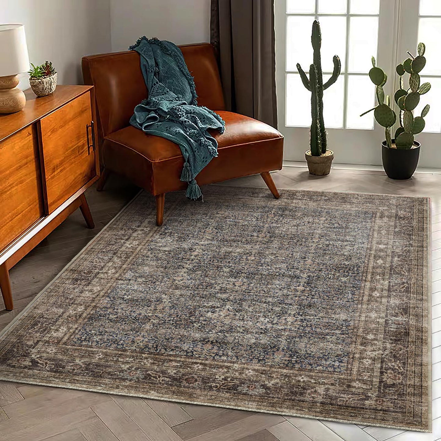 CHAMPLANT Area Rug 5'x7' Washable Rug Traditional Floor Cover Thin Retro Kitchen Indoor Distressed Non Slip Carpet for Living Room Bedroom Dining Room