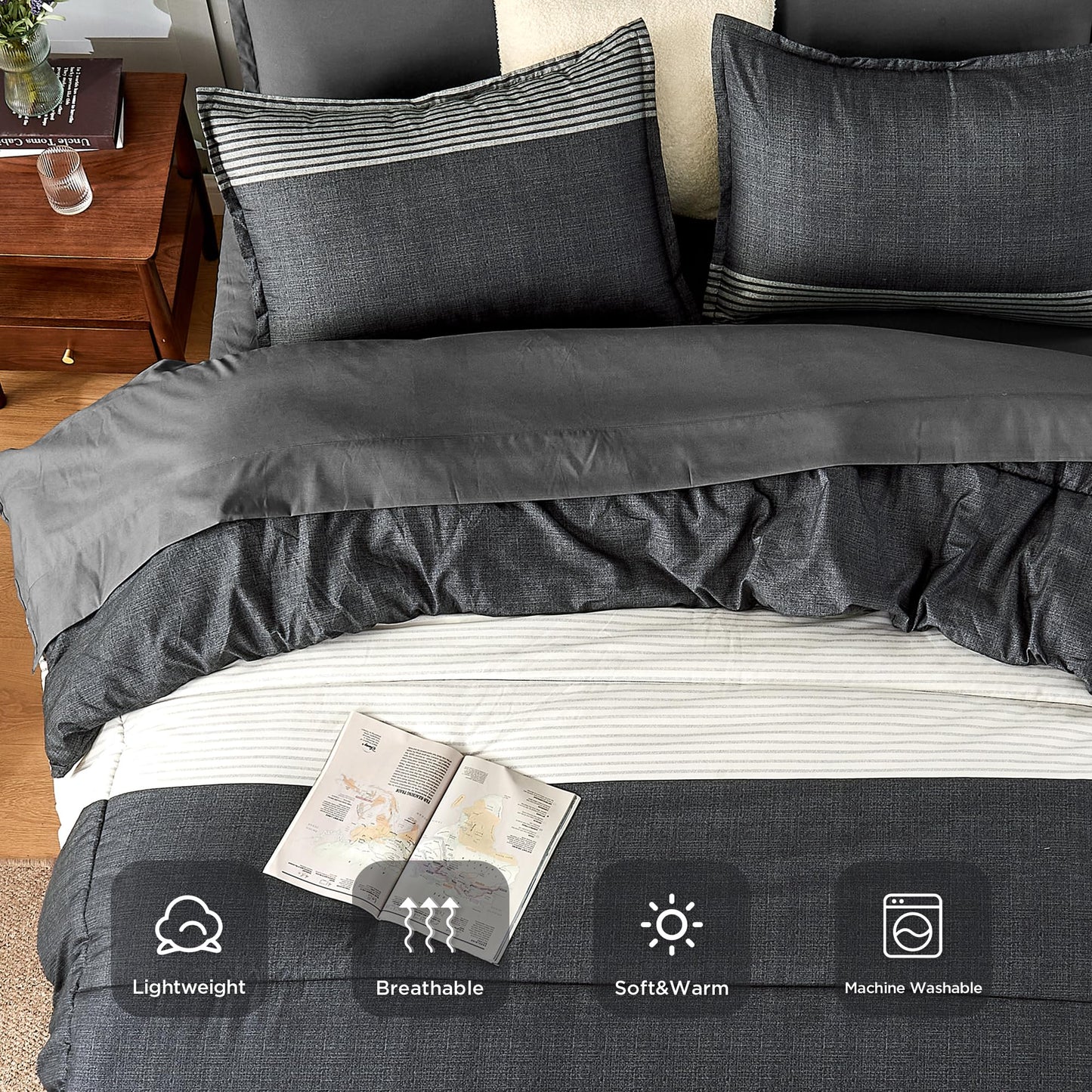 Andency Queen Comforter Set 7 Pieces Bed in a Bag - Black White Grey Striped Lightweight Soft All Season Queen Size Bedding Set with Comforter, Fitted & Flat Sheet, Pillowcases & Shams