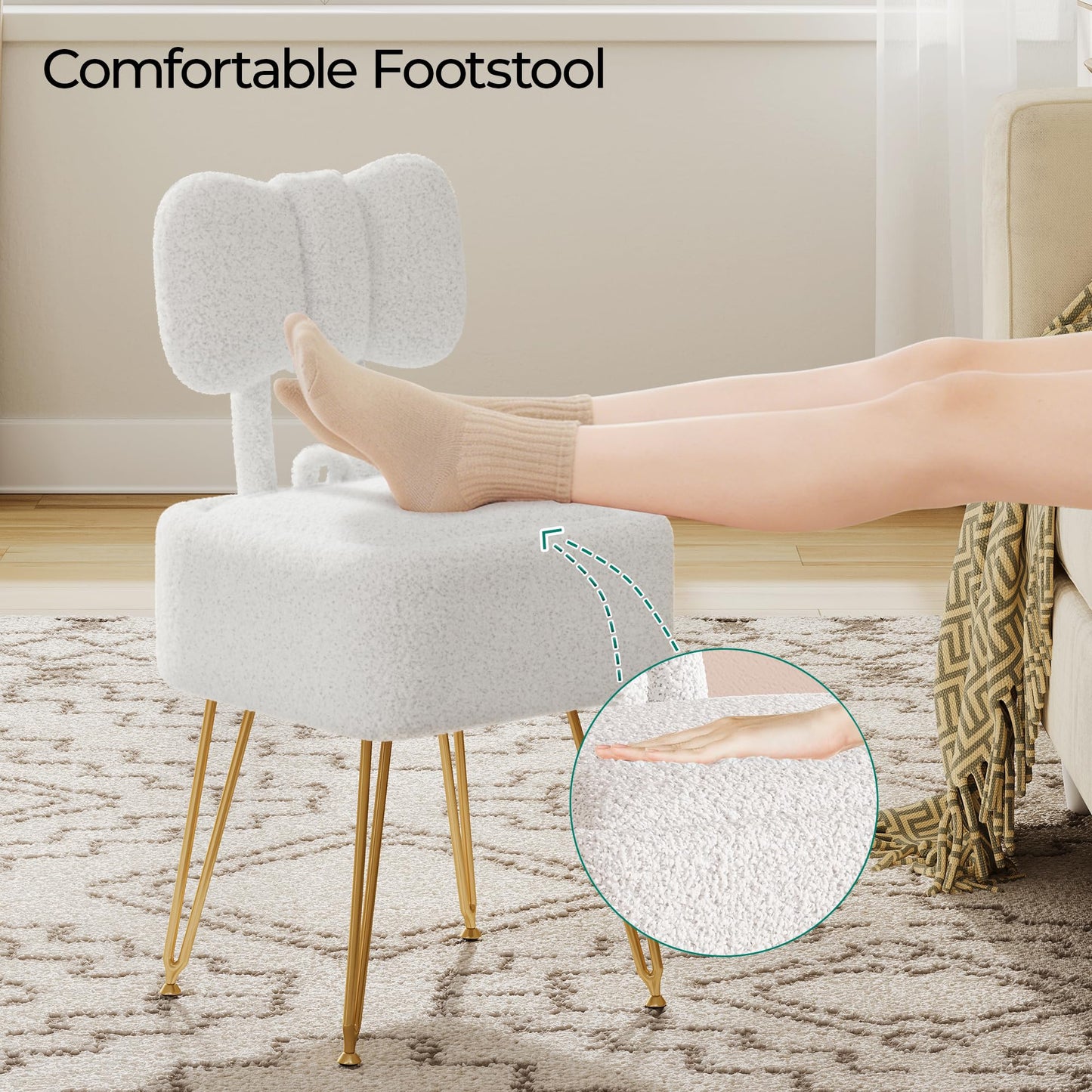 GLANZALANT Small Vanity Chair with Storage and Folding Back, 14.2" D x 12.6" W x 28.3" H Soft Storage Ottoman, Footrest Stool, Teddy Fleece Vanity Stool for Makeup, Bedroom, Living Room, White