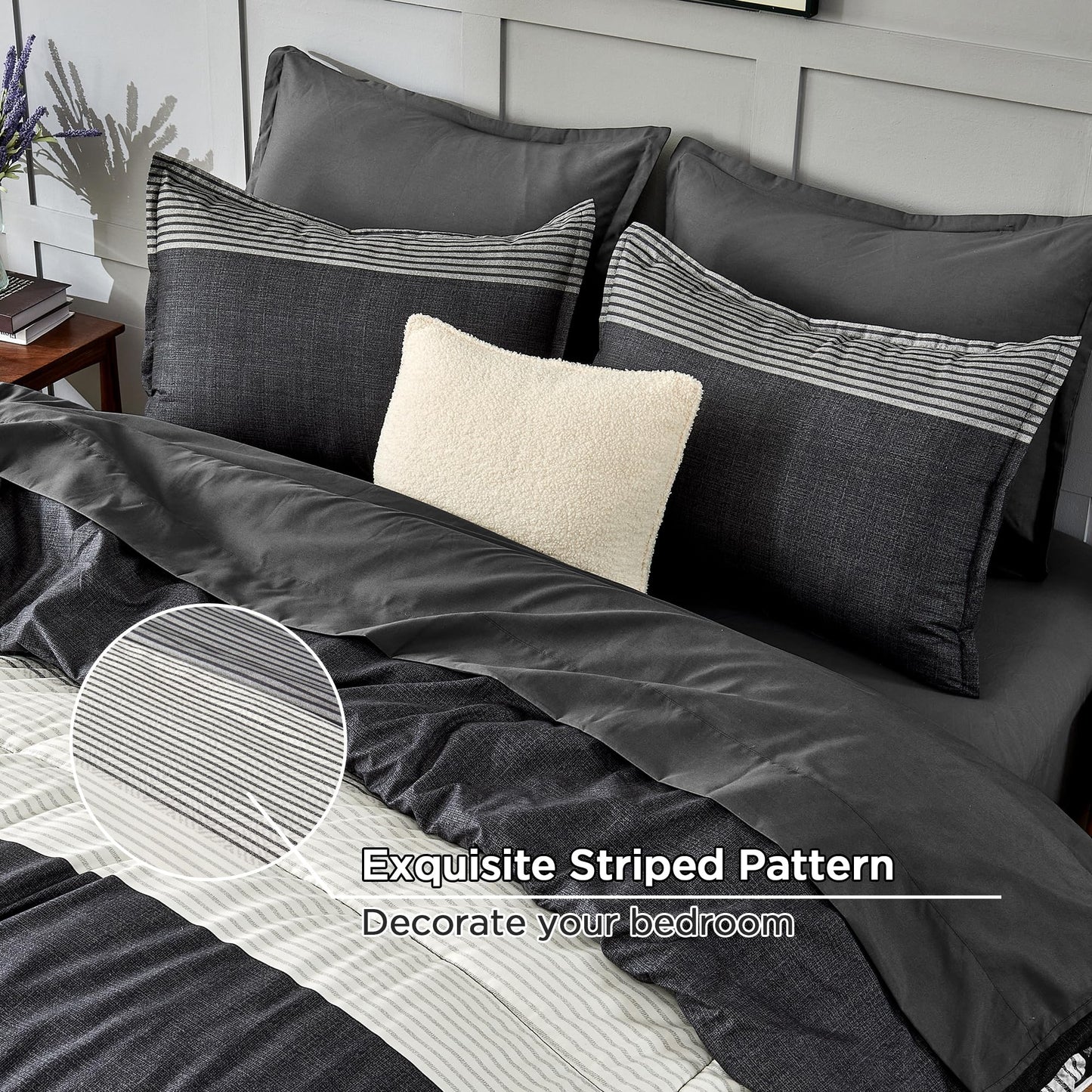 Andency Queen Comforter Set 7 Pieces Bed in a Bag - Black White Grey Striped Lightweight Soft All Season Queen Size Bedding Set with Comforter, Fitted & Flat Sheet, Pillowcases & Shams