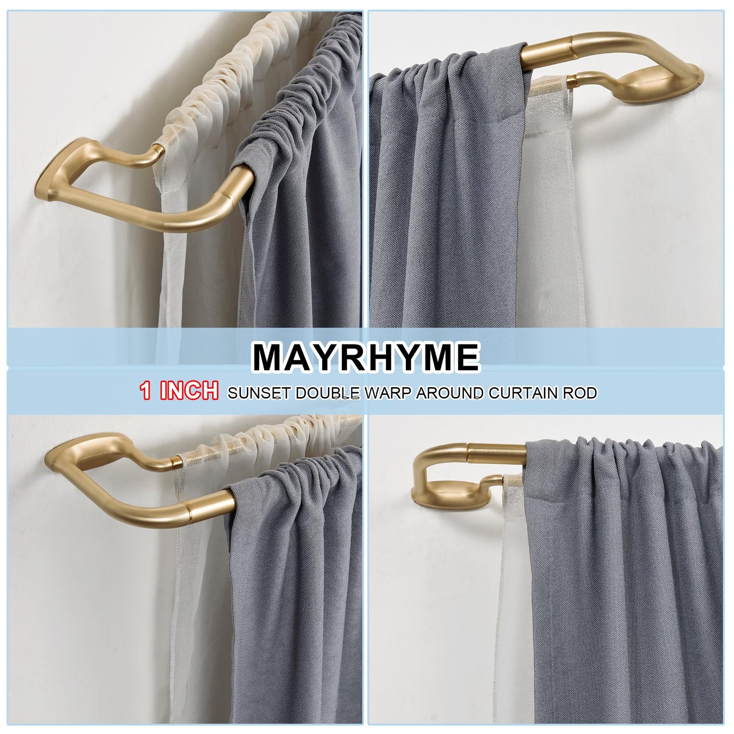 Mayrhyme Double Curtain Rods, Wrap Around Curtain Rod for Windows, Internal Splicing 1'' Front and 5/8'' Back Adjustable Curtain Rod with Aluminum Finials and Brackets (Warm Gold, 28-86")
