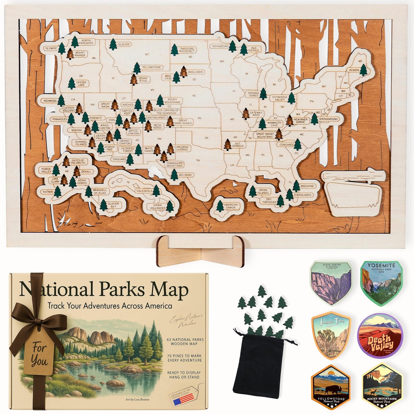 National Parks Map – USA Travel Tracker with Checklist, Pins & Stickers – Adventure Gift for Park Lovers, Couples & Families, Bucket List Wall Art Decor