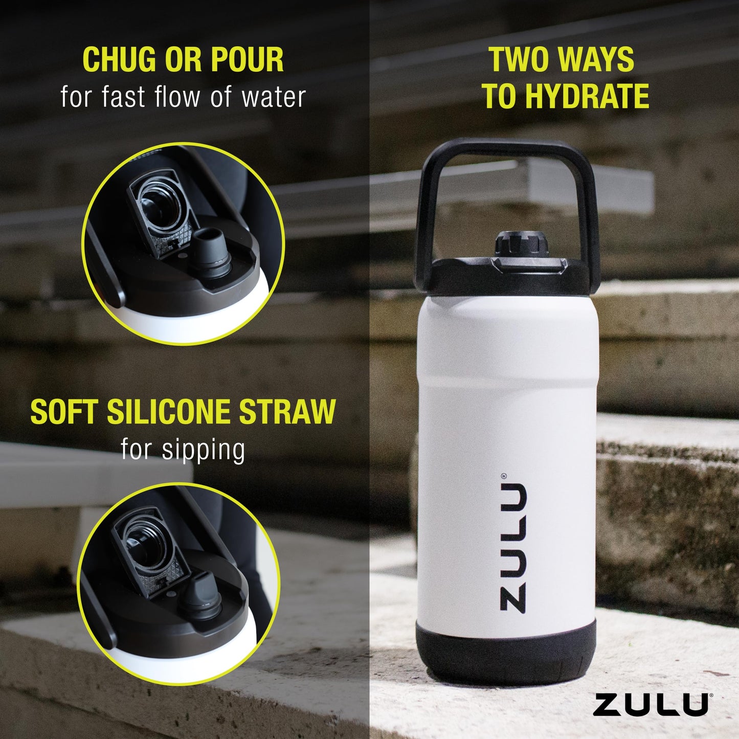 ZULU Goals 101oz Vacuum Triple Wall Insulated | Large Stainless Steel Water Bottle Thermoses with Carry Handle | Chug and Straw Spout | Travel, Gym, Hiking, Camping | 120 Hours Cold | Black