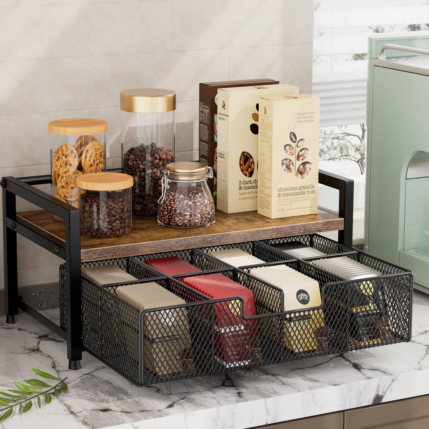 Segtenant Tea Bag Organizer, Tea Bag Holder with Drawer, Wood and Metal Tea Organizers and Storage Chest for Countertop Kitchen, Office, Rustic Brown