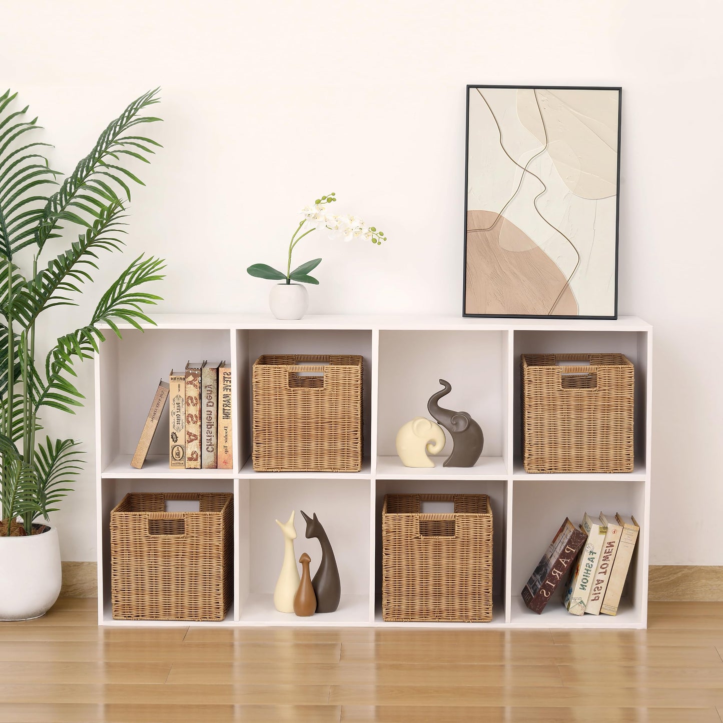 10.5 x 10.5 in Plastic Wicker Baskets for Cube Storage, Collapsible Square Wicker Storage Basket Set of 3, Rattan Storage Cube, Square Baskets for Shelves - Khaki