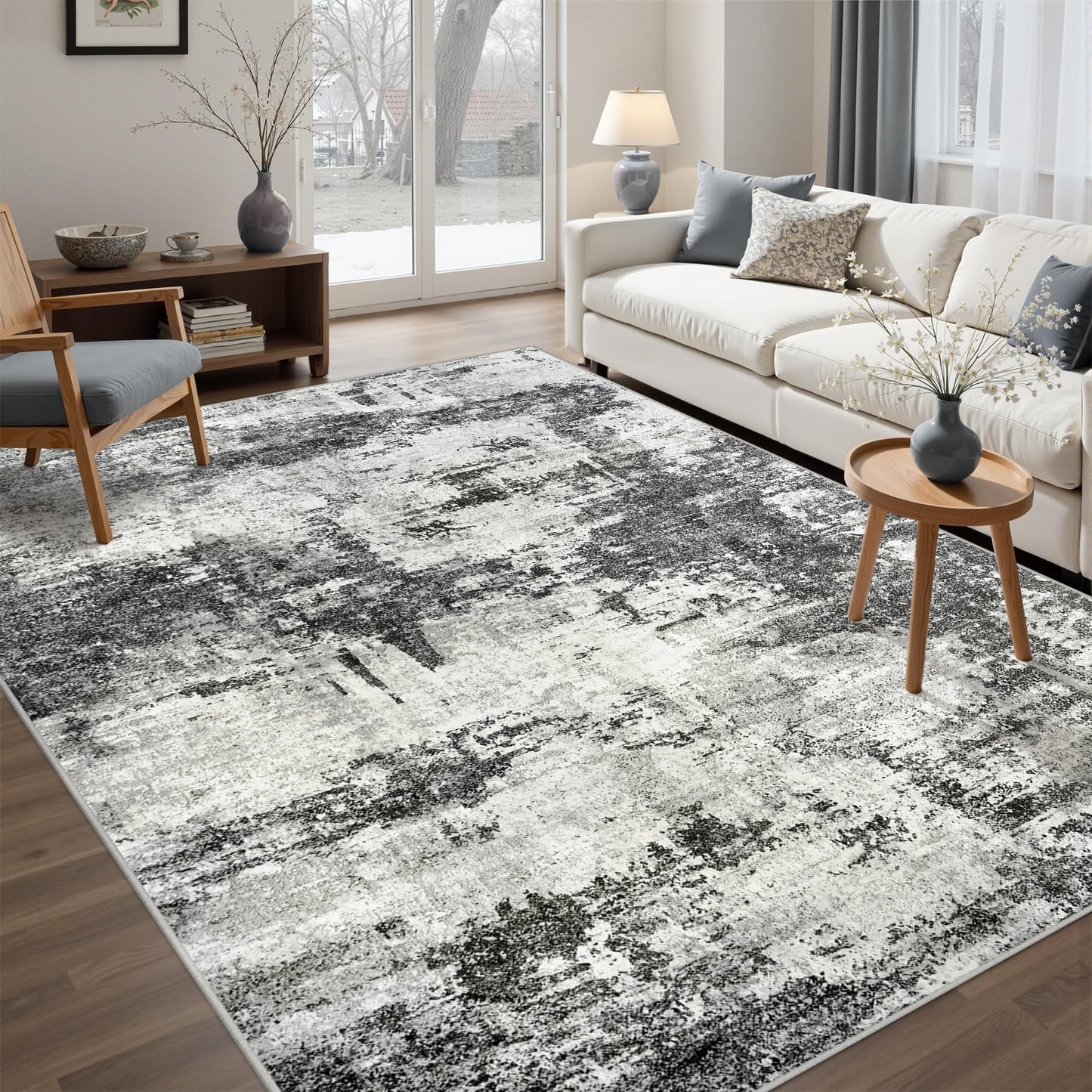 Area Rug Living Room Rugs: 5x7 Washable Rug with Anti-Slip Backing Non-Shedding Stain-Resistant Foldable Modern Abstract Carpet for Bedroom Dining Room Nursery Home Office - Black