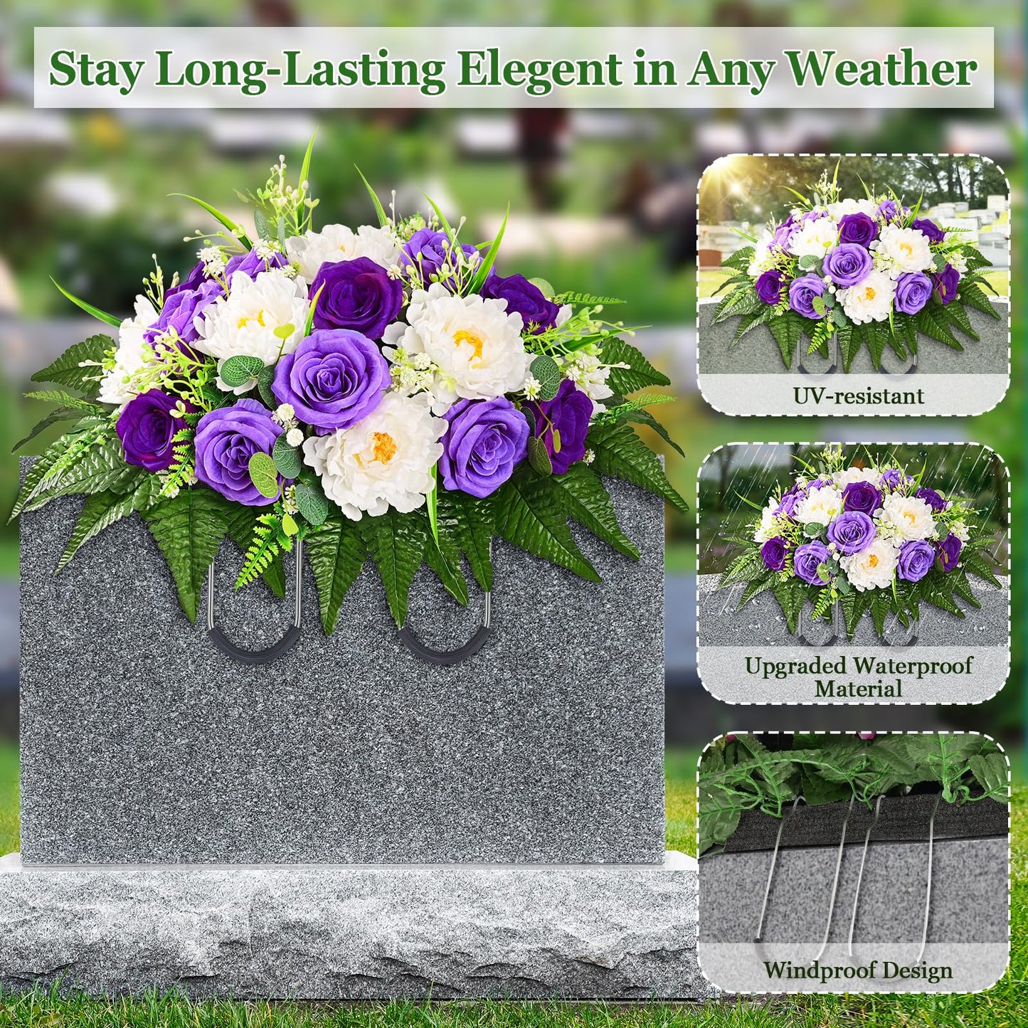 Yastouay Headstone Flower Saddle, Artificial Cemetery Flowers for Grave, Realistic Memorial Day Flowers with Peony Rose, UV Resistant Grave Decorations for Cemetery, Easter Mother’s Day (Purple)