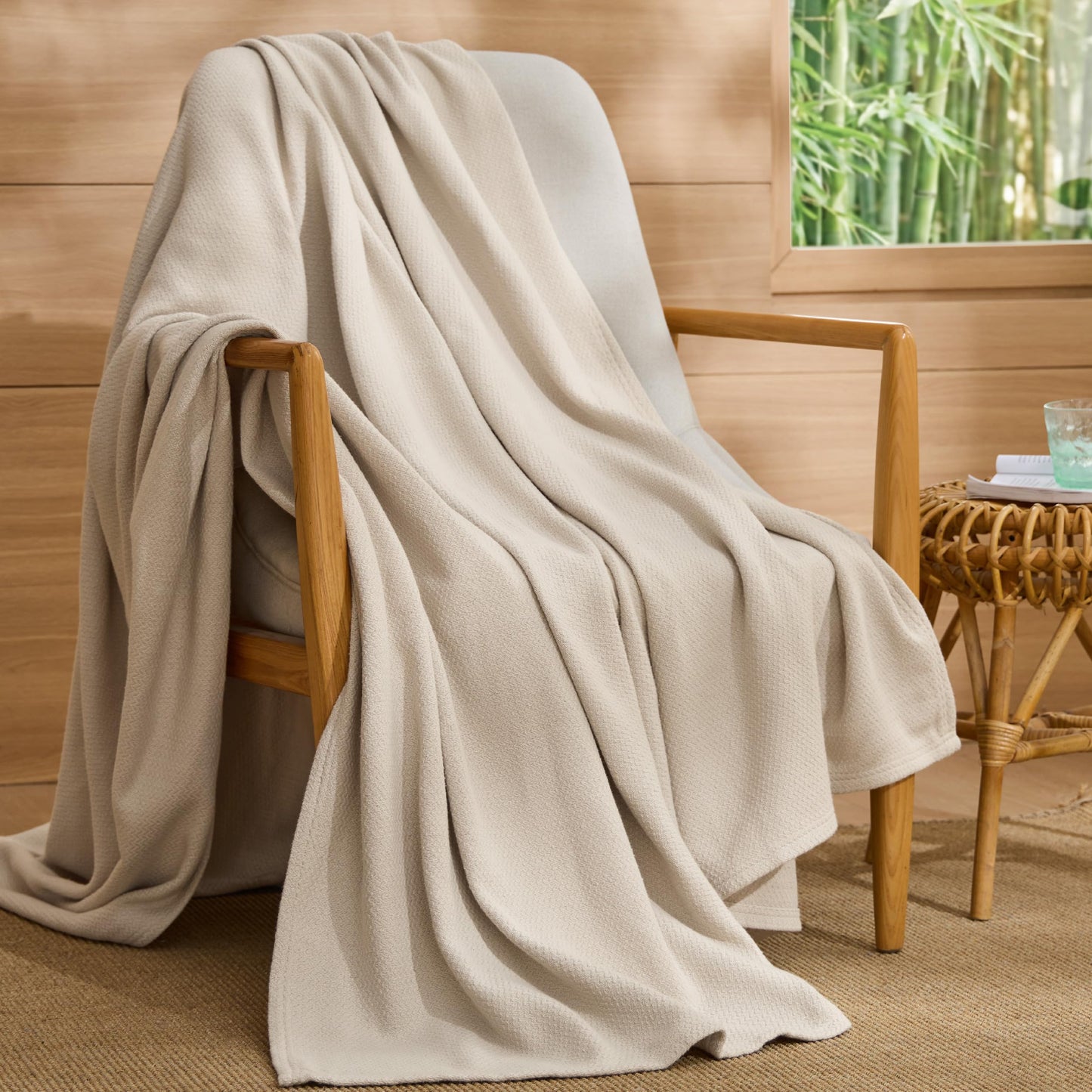 Bedsure GentleSoft 100% Cotton Large Throw Blanket for Couch 50x70 inches - Cooling Breathable and Lightweight, Soft Cozy Herringbone Woven Cotton Throw for Summer, Linen Beige Office Chair Blanket