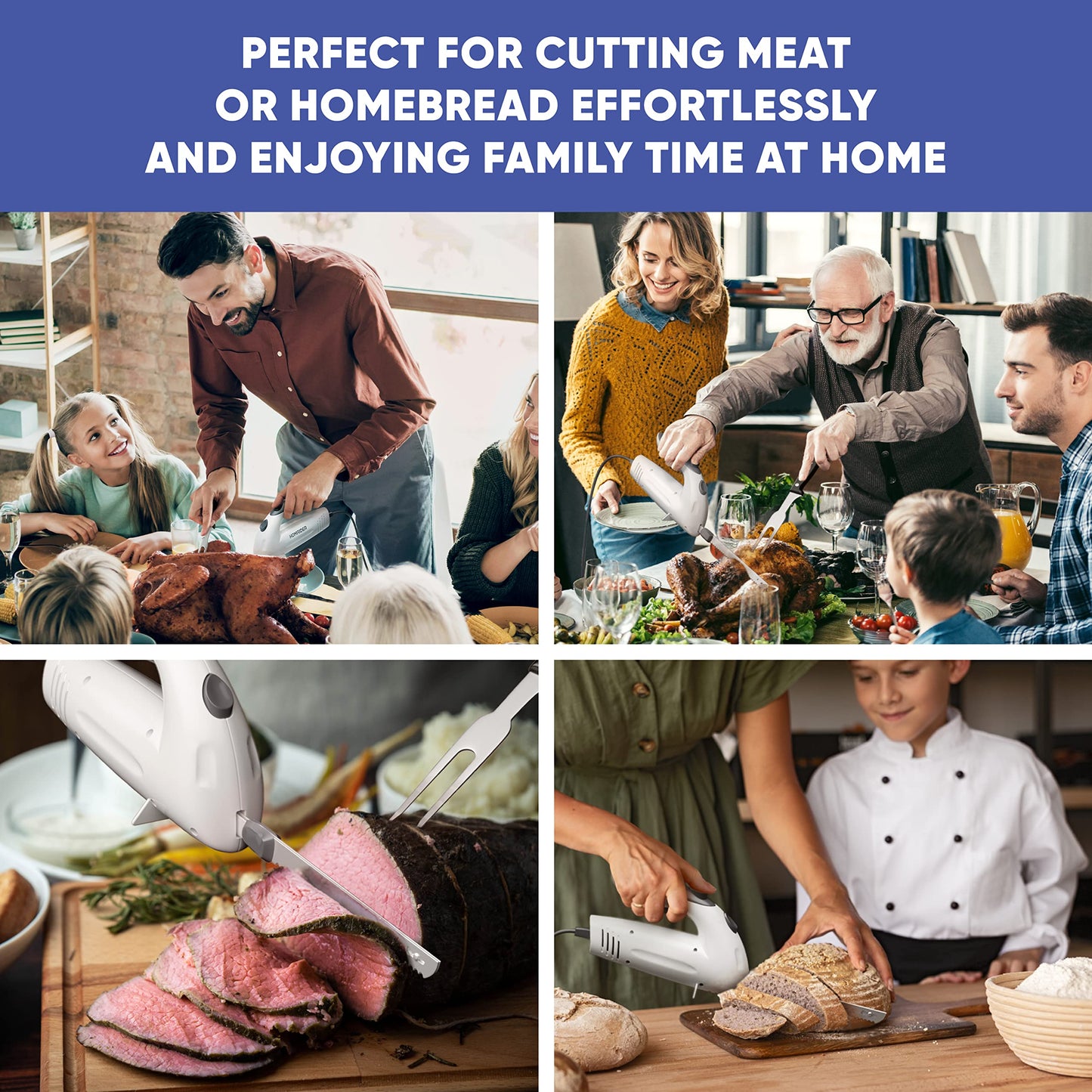 Homaider Electric Knife for Meat Slicing, Turkey, Carving Meat, Bread & More | Ergonomic Handle + 2 Carving Reciprocating Stainless Steel Blades and Serving Fork Included, 6 Foot Cord