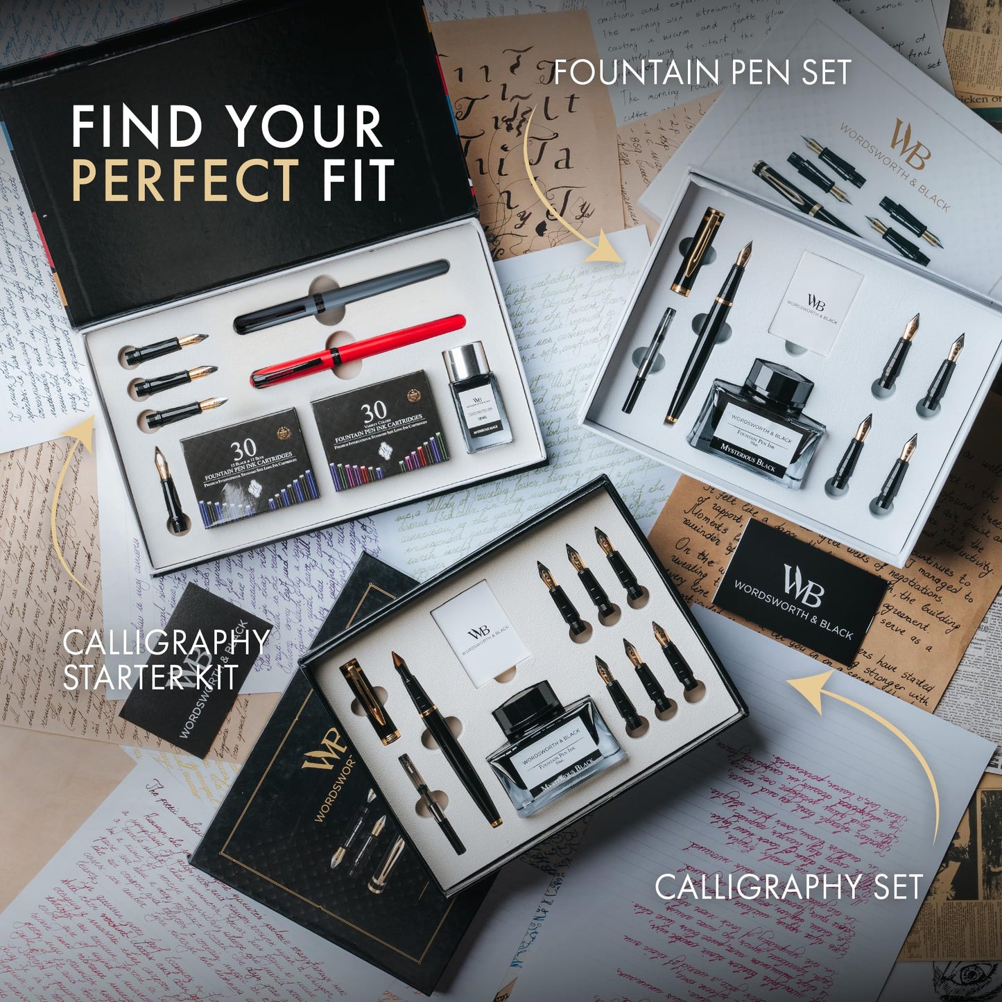 Wordsworth and Black Calligraphy Pen Set - Grey - Includes 2 Calligraphy Pens, 18 ML Ink Bottle, 60 Ink Cartridges, A Refill Converter, 1 Medium and 4 Broad Nibs, Brush Pen