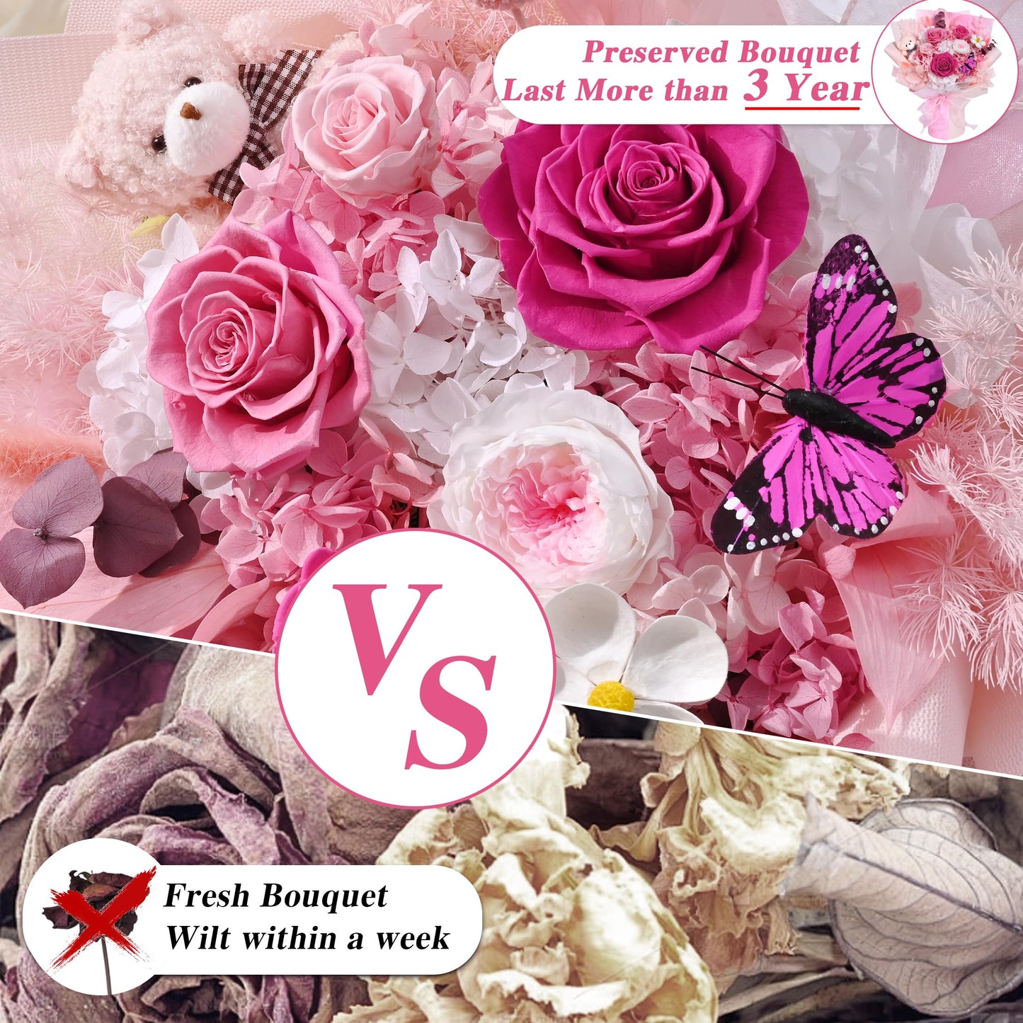 Waipfaru Flowers for Delivery Prime, Large Pink Preserved Flowers, Fresh Bouquet with Gift Box, Forever Rose for Women Mother Day Birthday,Valentines Day Gifts for Her