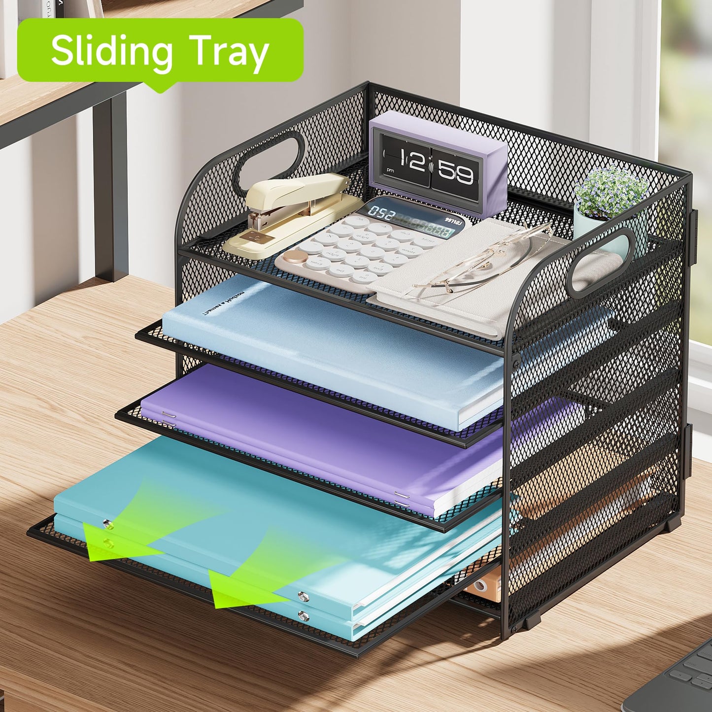 Cawukege 2 Pack 5 Tier Paper Organizer, Letter Tray with Handle, Mesh Desk Organizer, Metal File Organizer, Office Desk Accessories for Home, Office, Classroom, School -Black