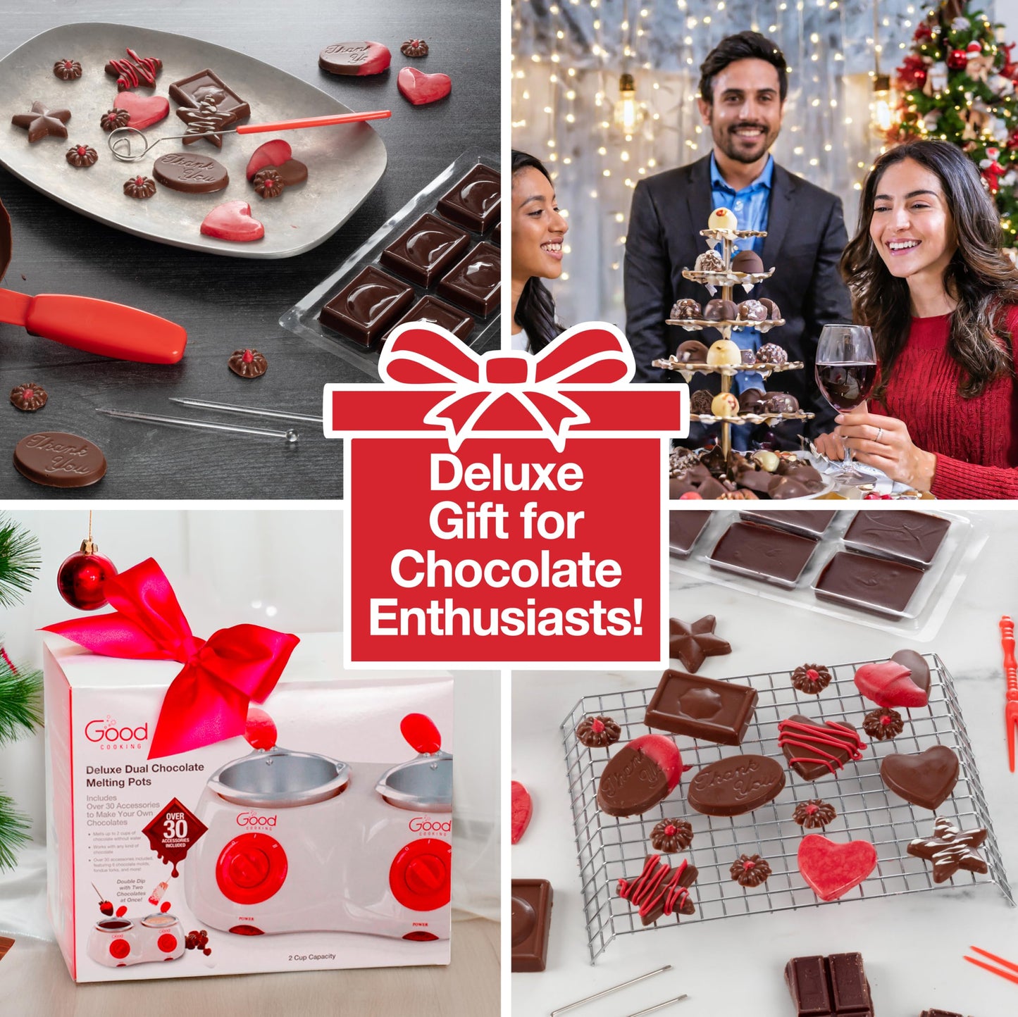 Dual Electric Chocolate Melting Pot Set - Father's Day Brunch Fondue & Candy Kit w/ 30 Bonus Accessories - Dip, Drizzle, Decorate Strawberries & Marshmallows - Appetizers & Desserts