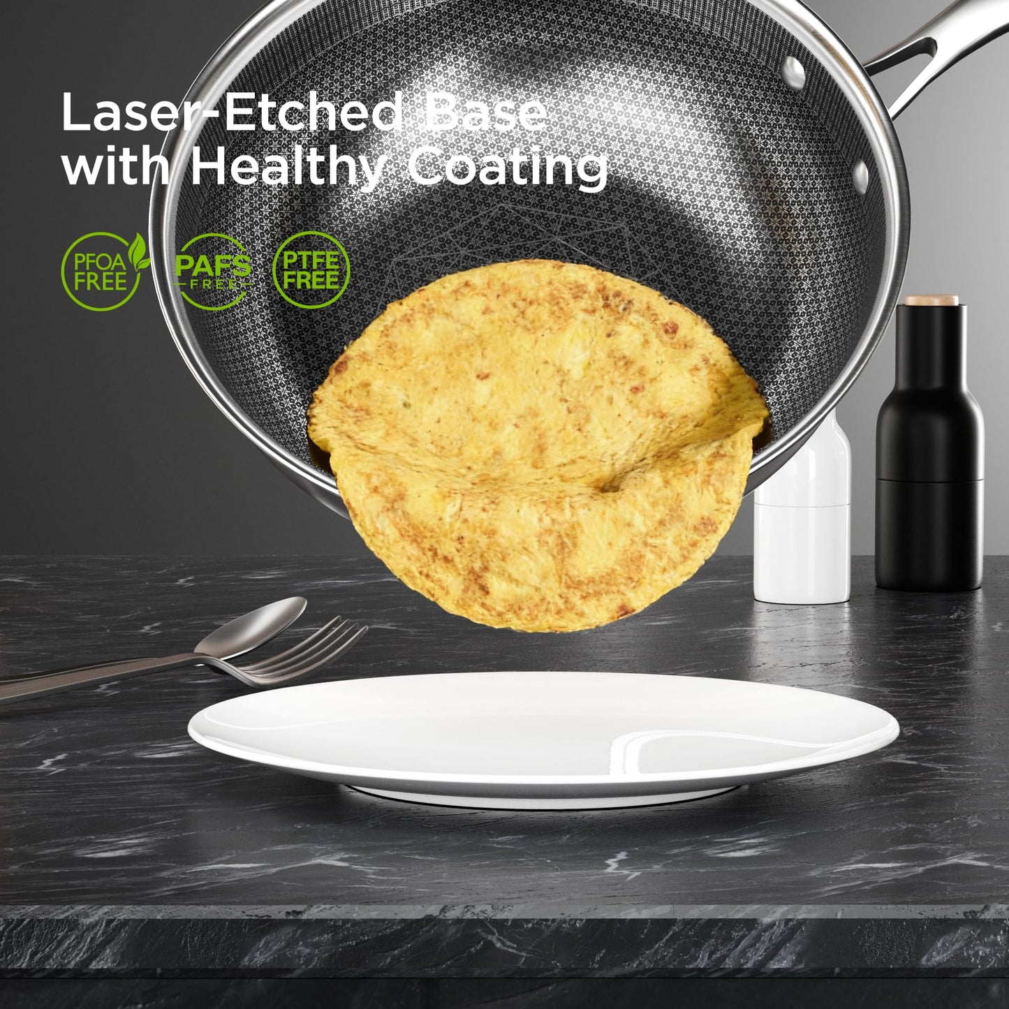 COOKER KING 10-Inch Hybrid Stainless Steel Wok with Lid, Nonstick Stir Fry Pan & Deep Frying Pan, Tri-Ply Clad Honeycomb Everyday Pan, Induction Ready, Oven & Dishwasher Safe, PFOA Free