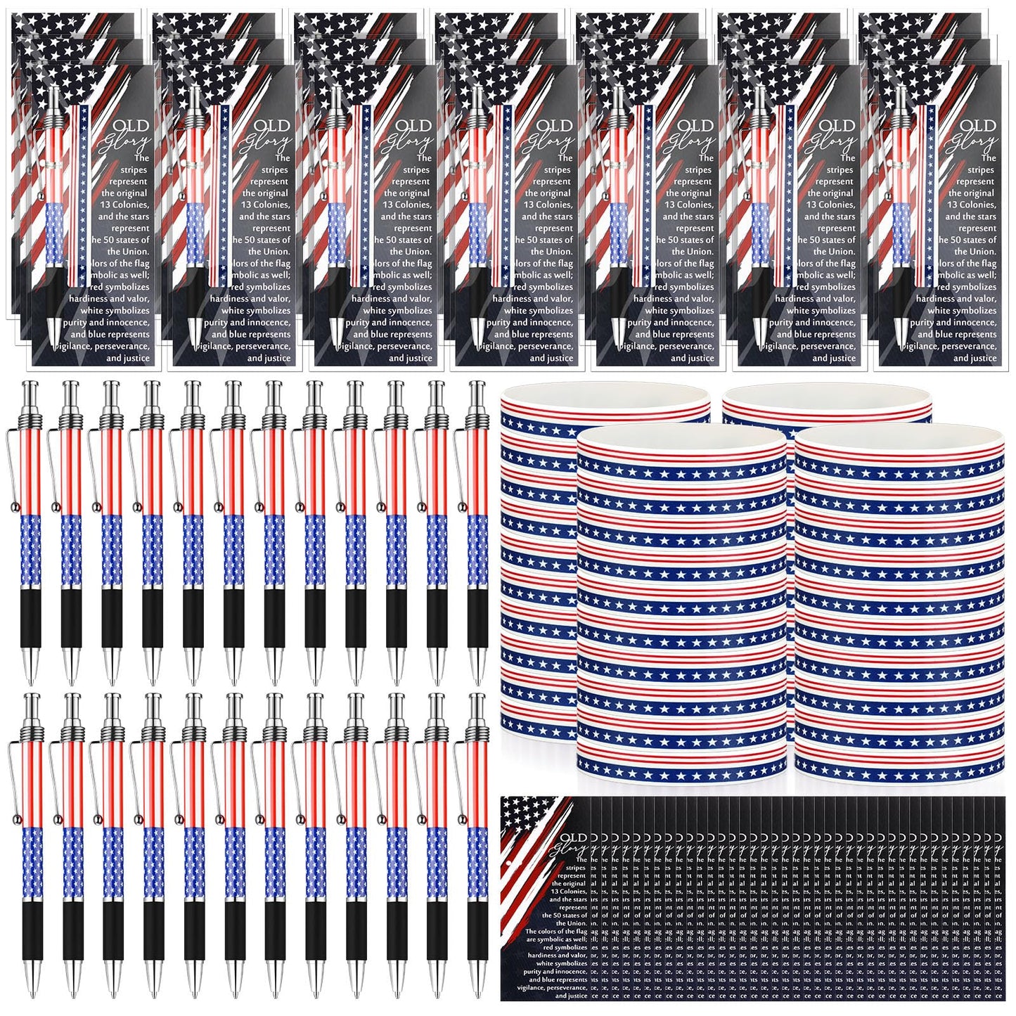 Sayglossy 60 Sets/180 Pcs 4th of July Party Favors 250th Anniversary Flag Ballpoint Pens Silicone Wristband Bookmarks Patriotic Souvenir for 1776-2026 Commemorative Memorial Veteran Independence