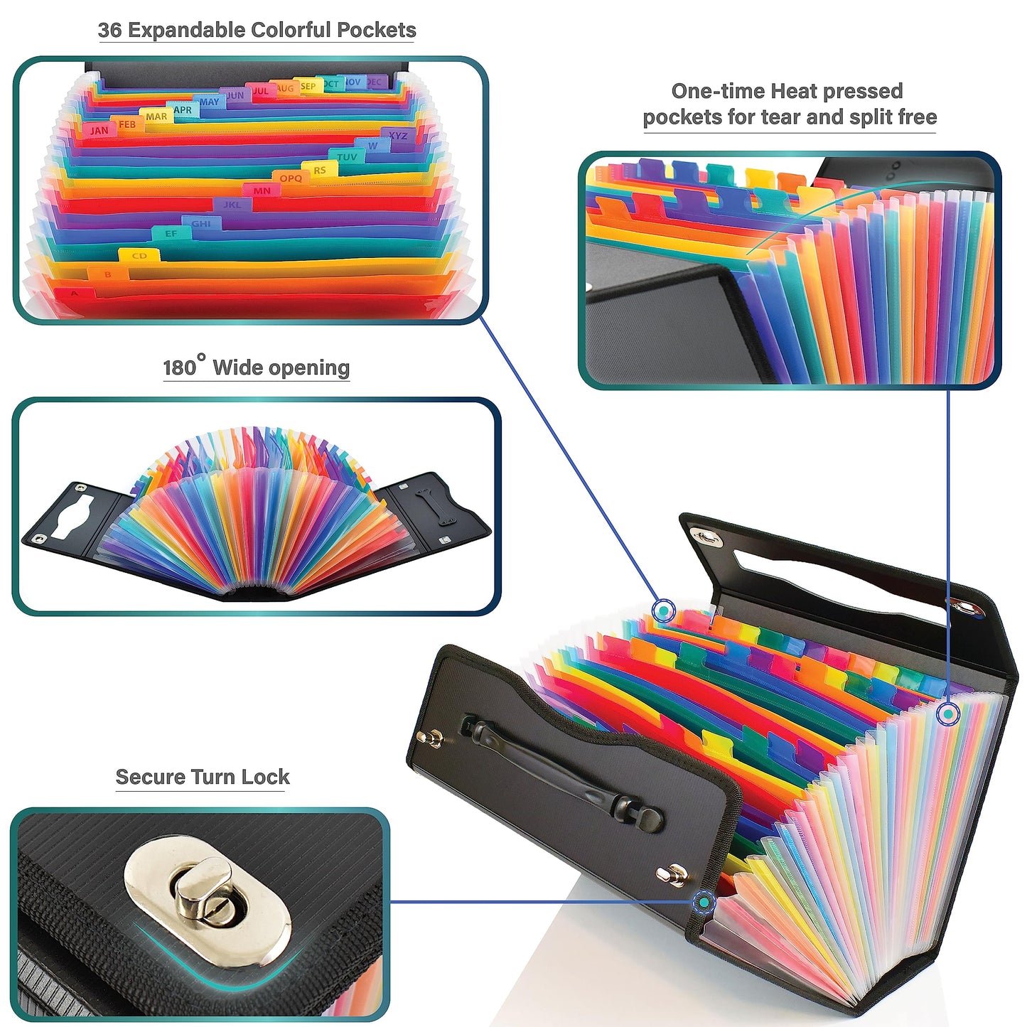 CNK Accordion File Folders with 36 Pockets Organizer for Document Paper Storage Folder Documents Expanding Binder Folio Pocket Receipt Filing Expandable Files Dividers Labels Letter Durable Handle