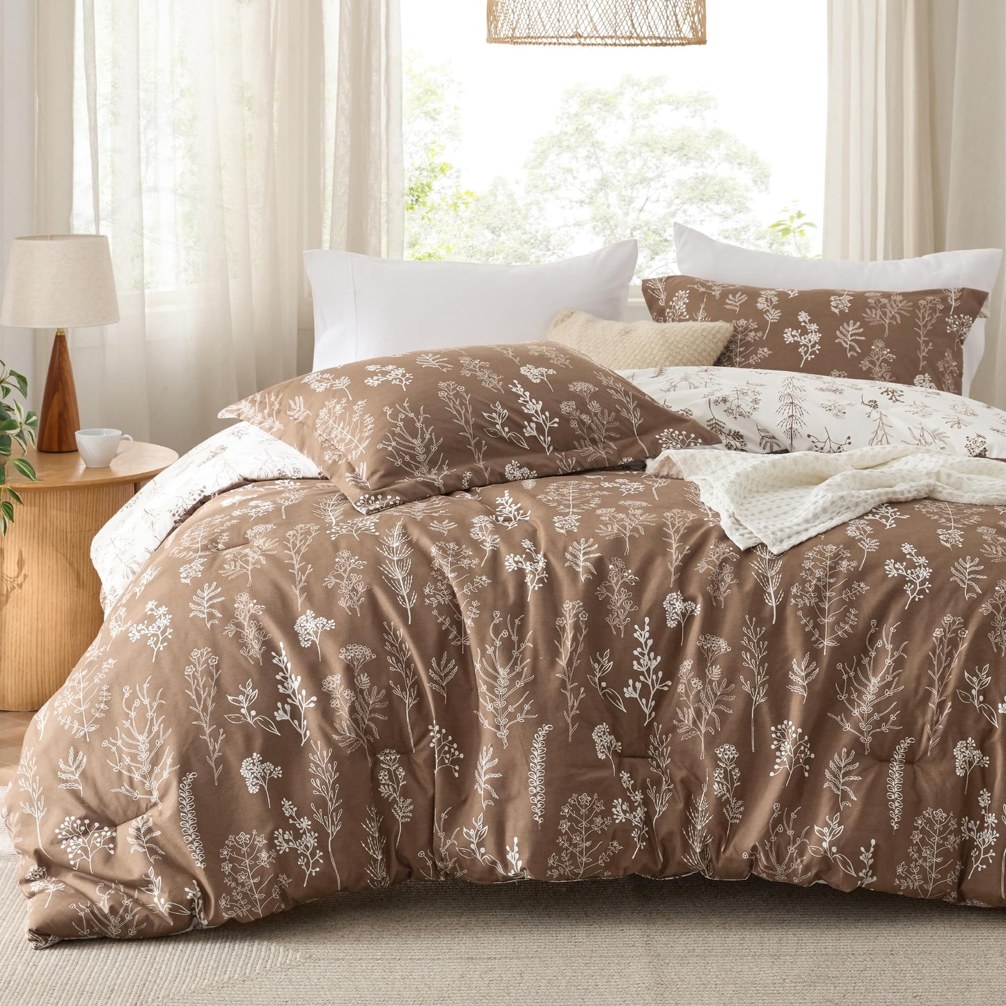 Bedsure Queen Comforter Set - Dark Brown Bed Set, 3 Pieces Cute Floral Bedding, 1 Soft Reversible Botanical Flowers Comforter and 2 Pillow Shams