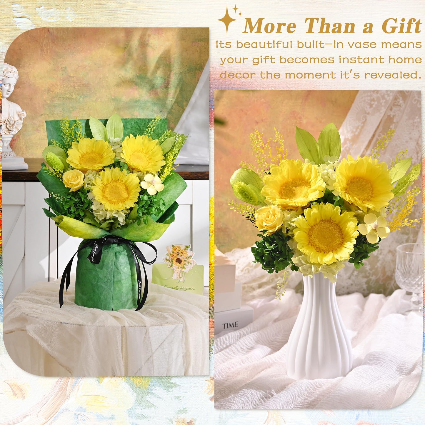 Waipfaru Preserved Flowers for Delivery Prime, Fresh Sunflower Bouquet with Gift Box, Forever Flowers for Women Mothers Day Birthday