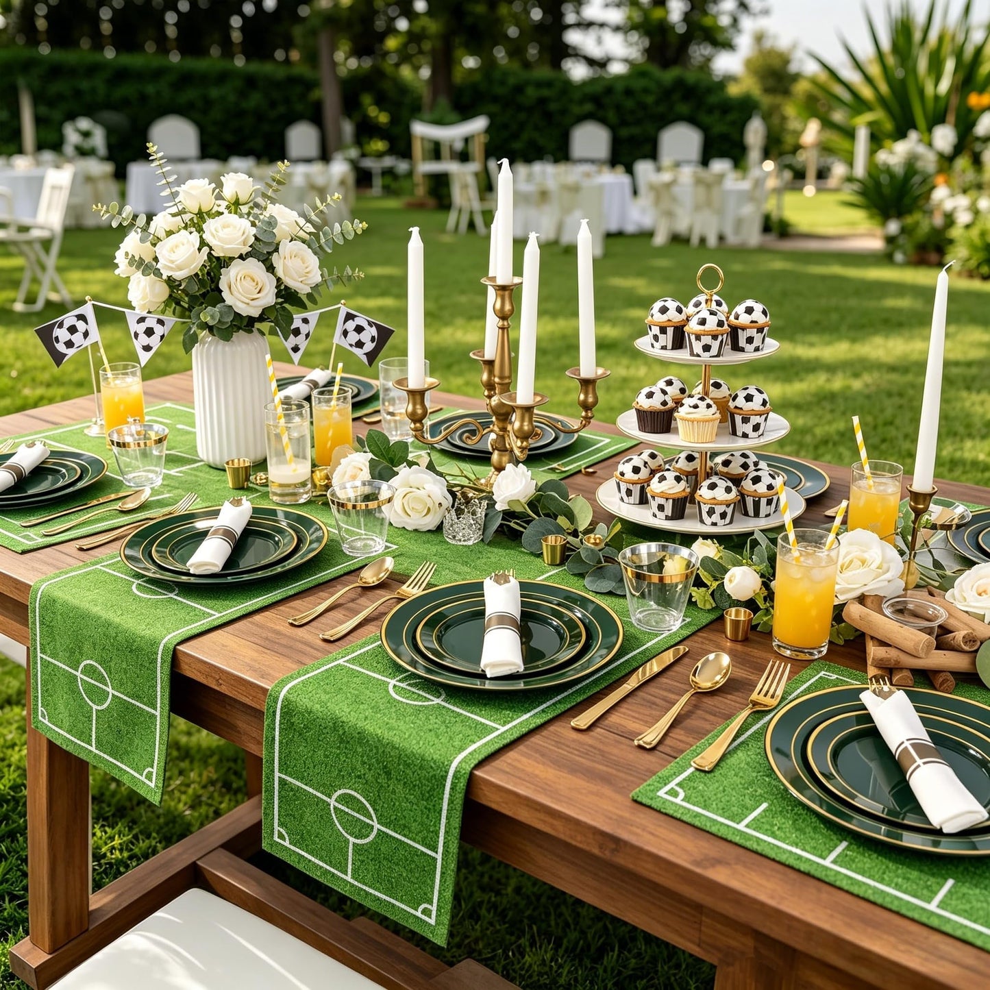 WDF Partyware 350PCS Green and Gold Plates - Green Plastic Plates 50Guests Plastic Plate with Rolled Napkins for Party/Birthday/World Cup 2026