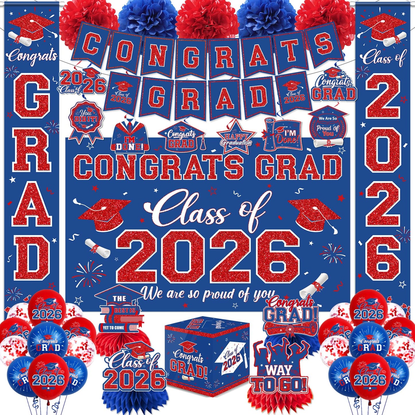 Graduation Decorations 2026 Congrats Grad Banner Kit with Class of 2026 Backdrop Porch Sign Hanging Swirls Honeycomb Centerpieces Balloons Box for Grad Party Decorations (Navy Blue-Red)
