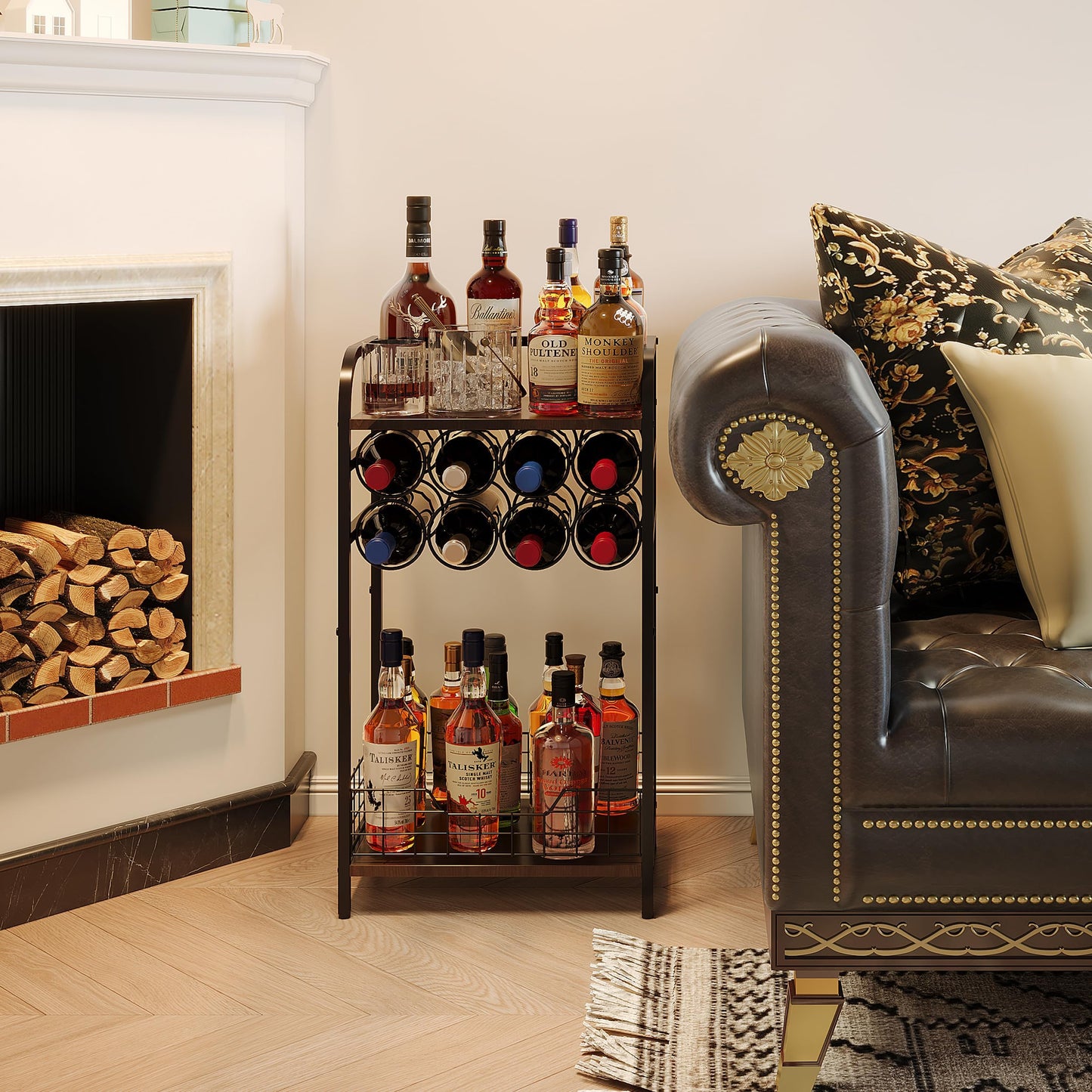 Bosimeca 3-Tier Wine Rack Freestanding Floor Cabinet Corner Bar Cabinet Bar Cart,12 Individual Wine Storage Bottle Compartments Corner Bar Cabinet Holder (3-Tier Wine Rack 07)