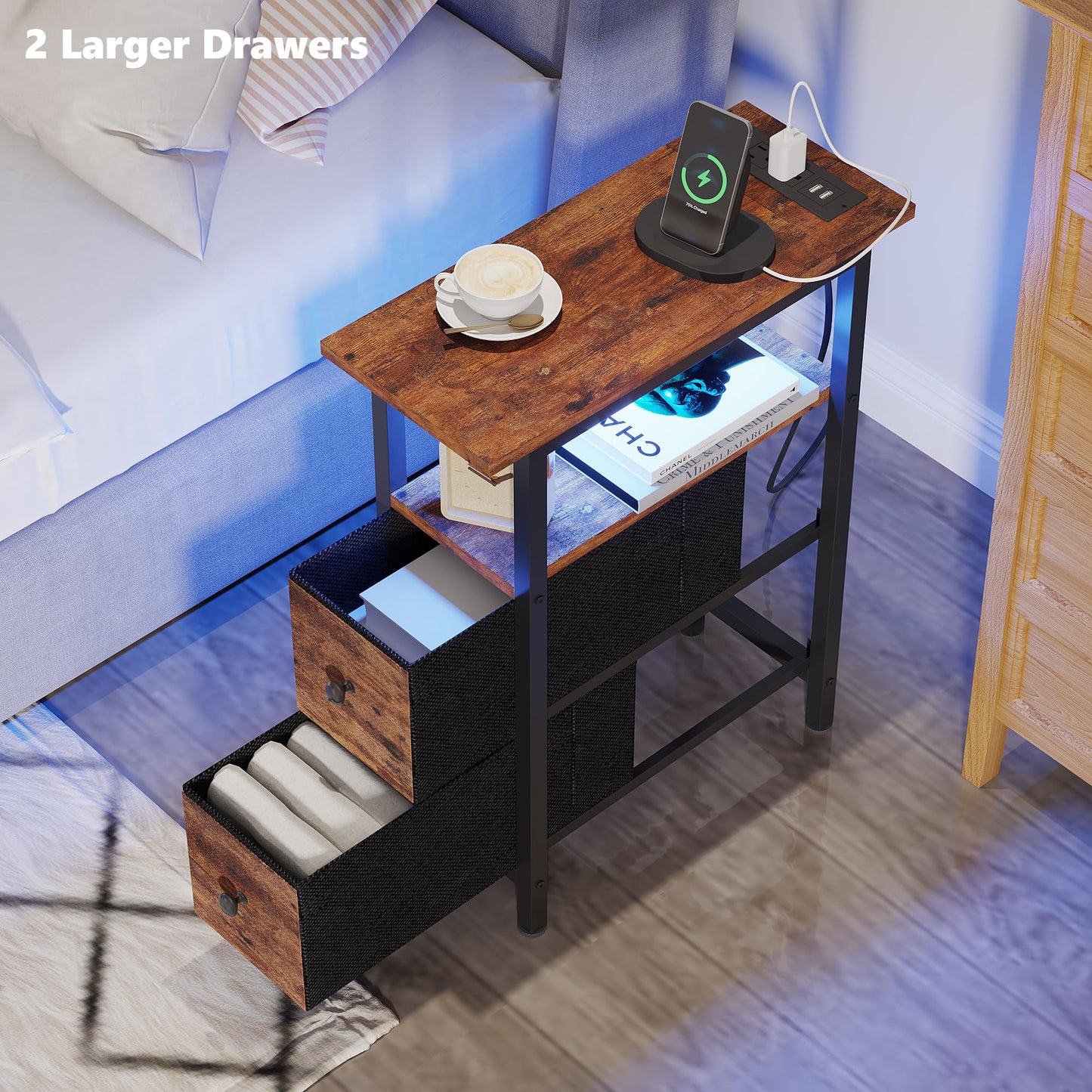 TRIFEBLE End Table with Charging Station, Narrow Side Table with 2 Fabric Drawers, Skinny Nightstand with LED Light, Slim Bedside Table for Bedroom, Living Room, Small Spaces, Rustic Brown