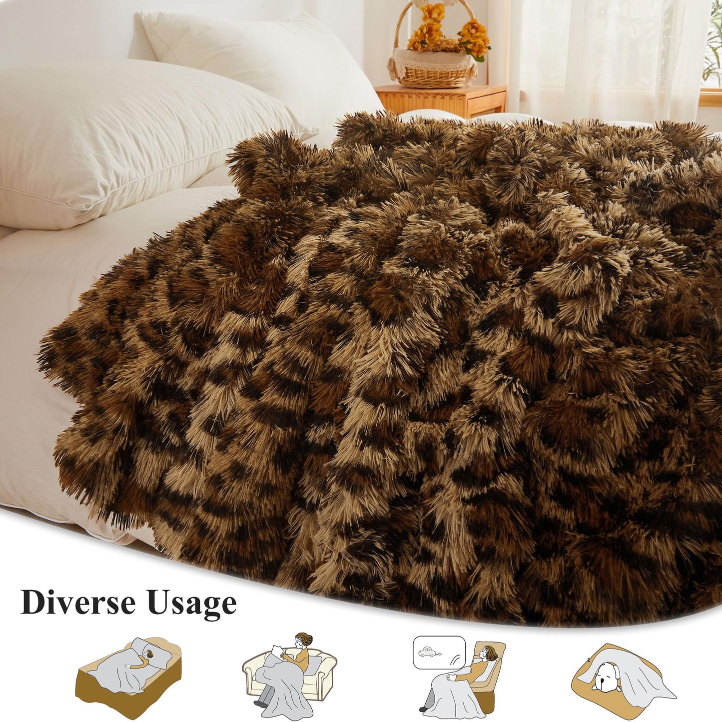 XeGe Luxury Faux Fur Leopard Print Throw, Soft 50x60 Cheetah Print Fluffy Blanket, Shaggy Plush Decorative Couch Throw, Cute Furry Fuzzy Animal Print Blanket for Sofa Bed, Brown