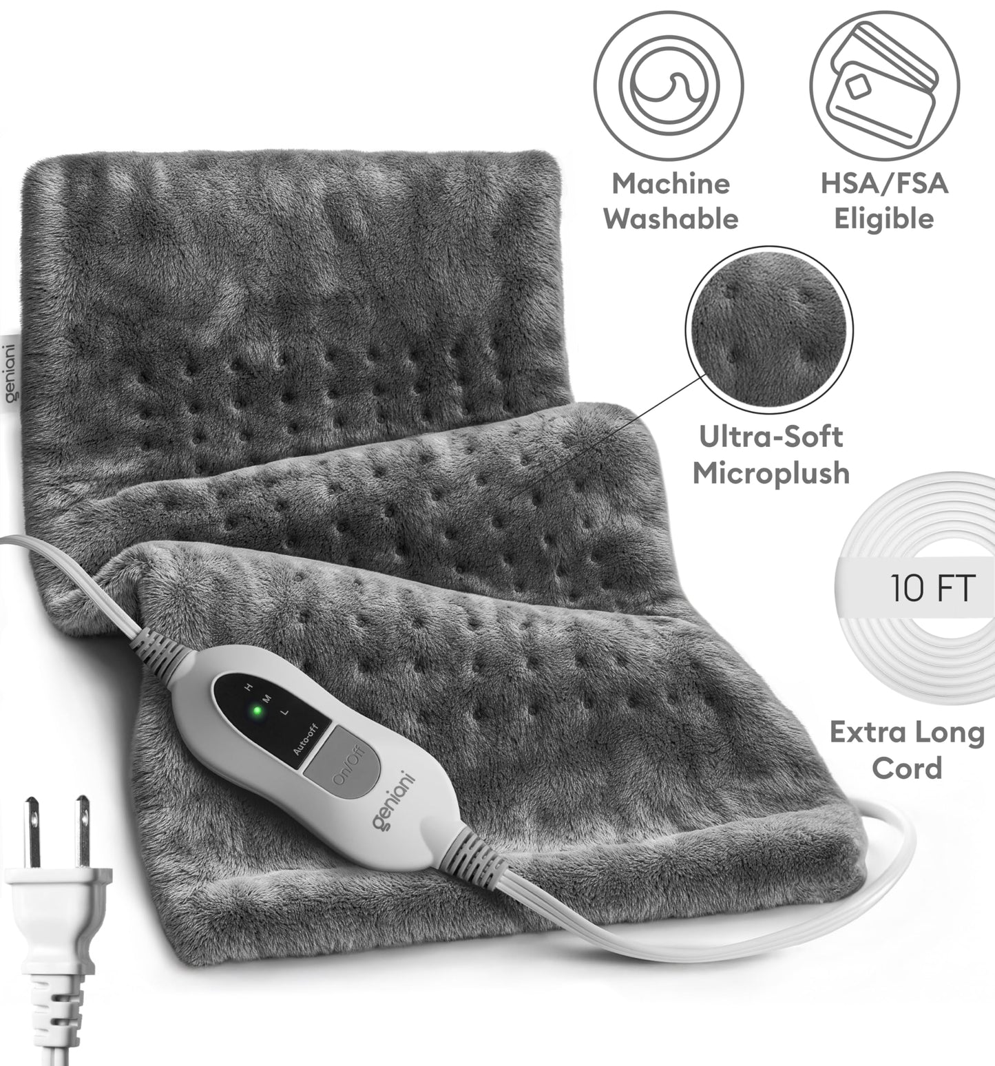 GENIANI Electric Heating Pad for Back Pain & Cramps Relief, Electric Throw, Self Care Gifts for Women, Heating Pad for Neck & Shoulder, Machine Washable Microplush, Auto Shut Off (12×24", Tabby Gray)