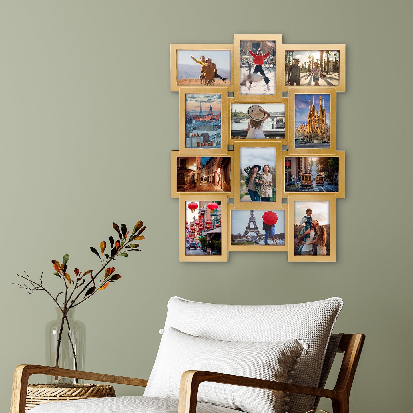 MELANNCO Collage Picture Frame for Wall, 12-Opening Gold Photo Display Holds Six 4x6 and Six 6x4 Photos, 23.25 x 18 Inch Wall Decor Collage Frame