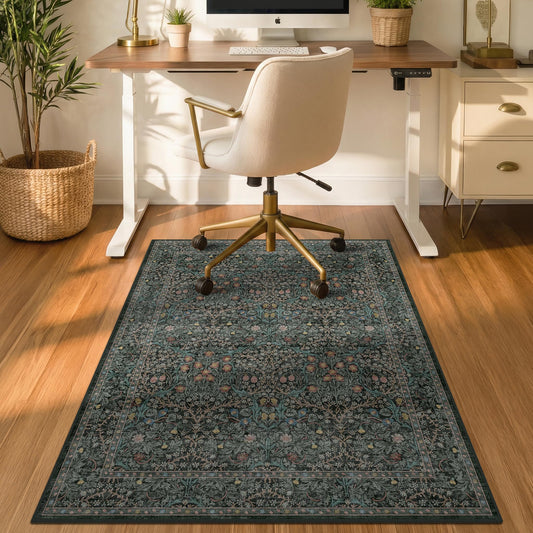 Vintage Floral Dark Green Office Chair Mat for Hardwood & Tile Floor, 3x4 Non-Slip Ultra Soft Low Pile Under Desk Rug, Floor Protector for Heavy Duty Office Chair, Stain Resistant, Easy to Clean
