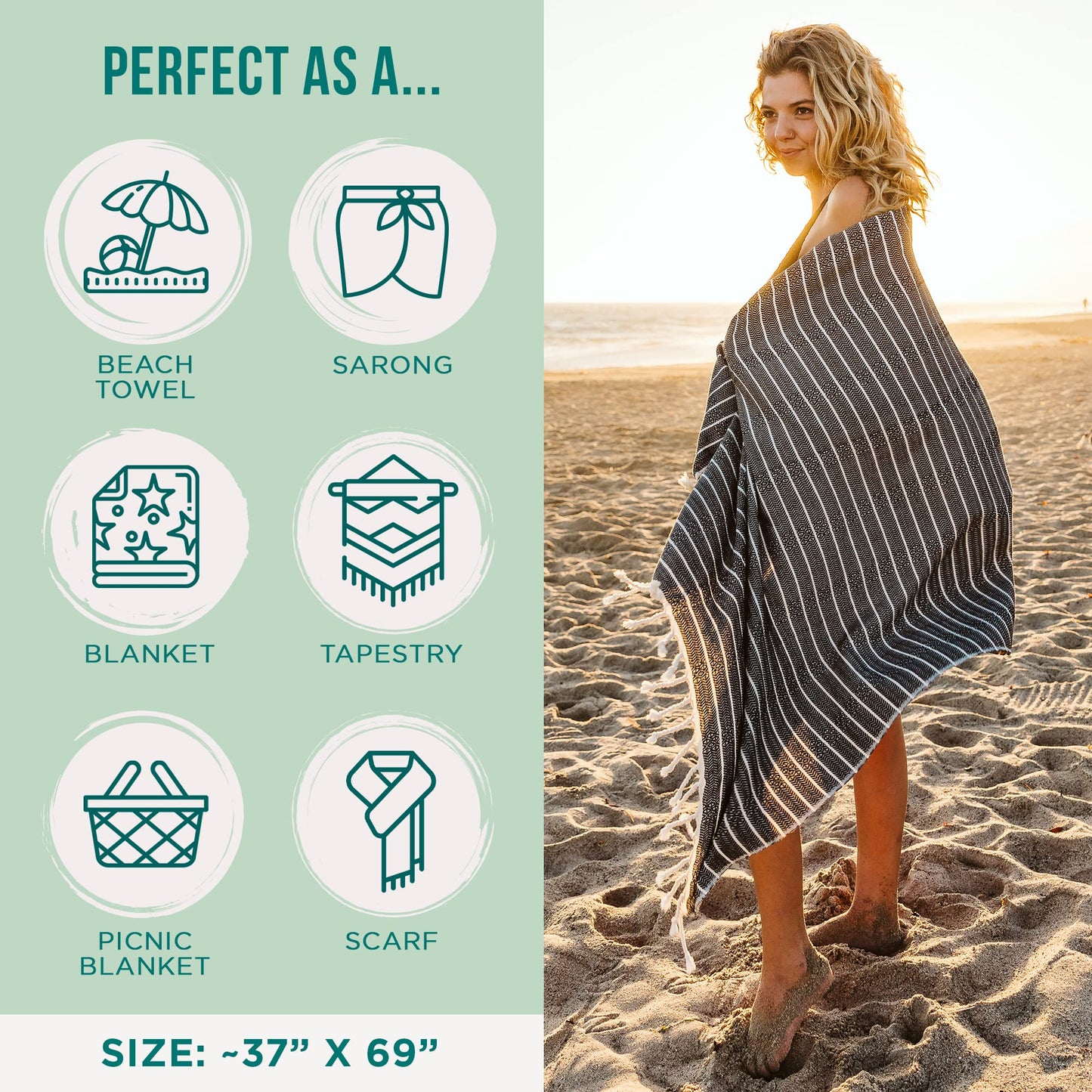 Sand Cloud Turkish Beach Towel - Sand Resistant - 100% Certified Organic Turkish Towel - Quick Dry Towel for Beach, Picnic, Blanket or Bath Towel - As Seen on Shark Tank - Gocek (Black)