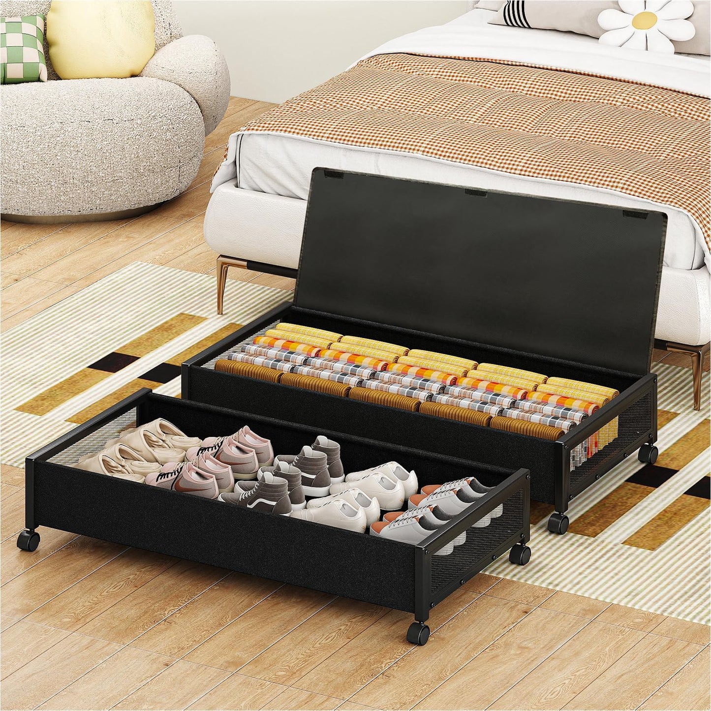 Fokyfok 2 Pack Under the Bed Storage Containers,36 inch Long Underbed Storage with Wheels,7.3 inch Height Under Bed Shoe Storage,Large Rolling under bed Clothes Storage Drawers with Lid for Dorm,Black