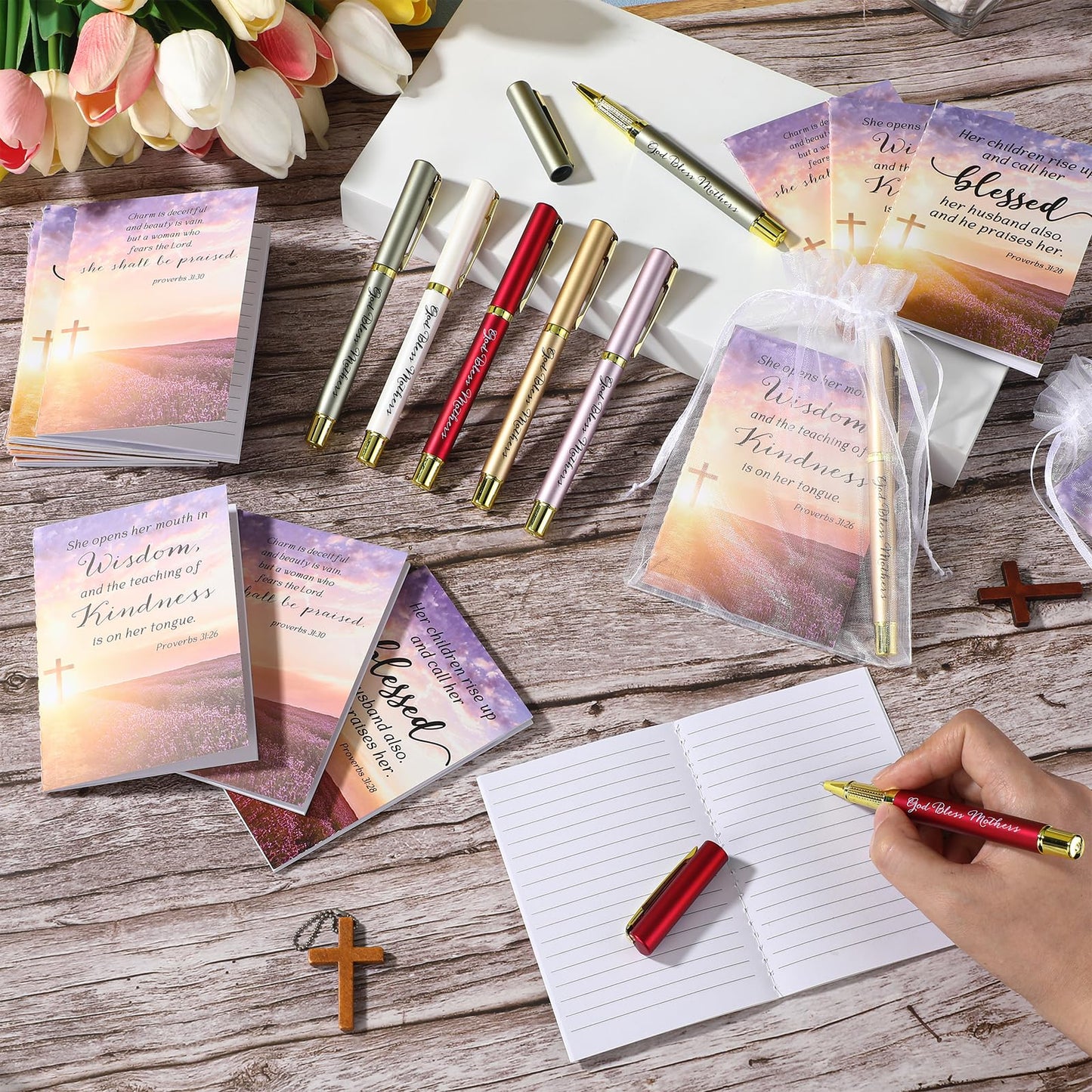 Spakon 50 Sets Mother's Day Church Gifts Bible Verse Notebooks Christian Pens with Organza Bags Religious Mother's Day Gifts for Mom