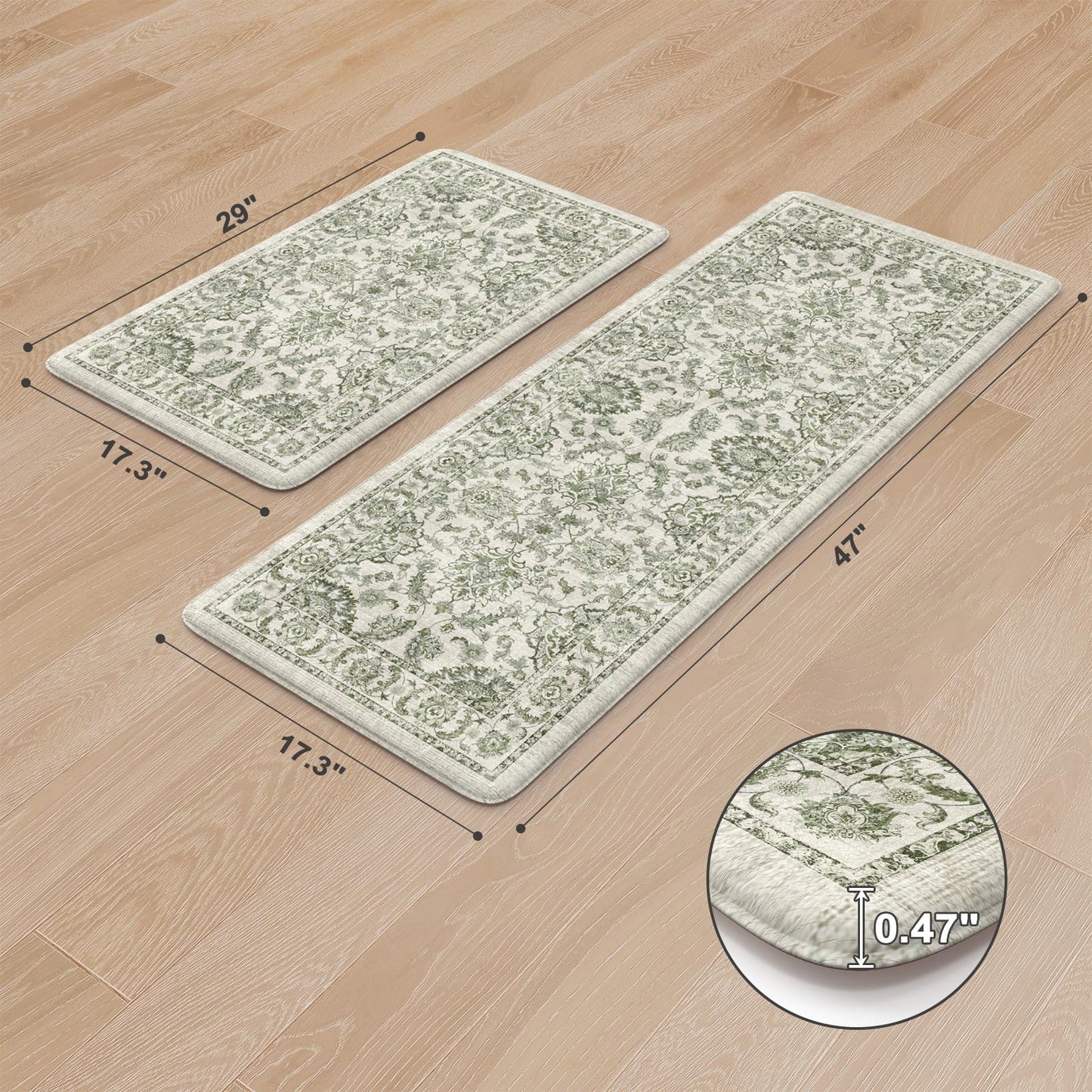 KIMODE Anti Fatigue Kitchen Mat Set, Non Slip Waterproof Kitchen Rug Set of 2, Boho Rugs for Kitchen, Ergonomic Standing Kitchen Sink Mats for Floor, 17"x29.5"+17" x47”, Green