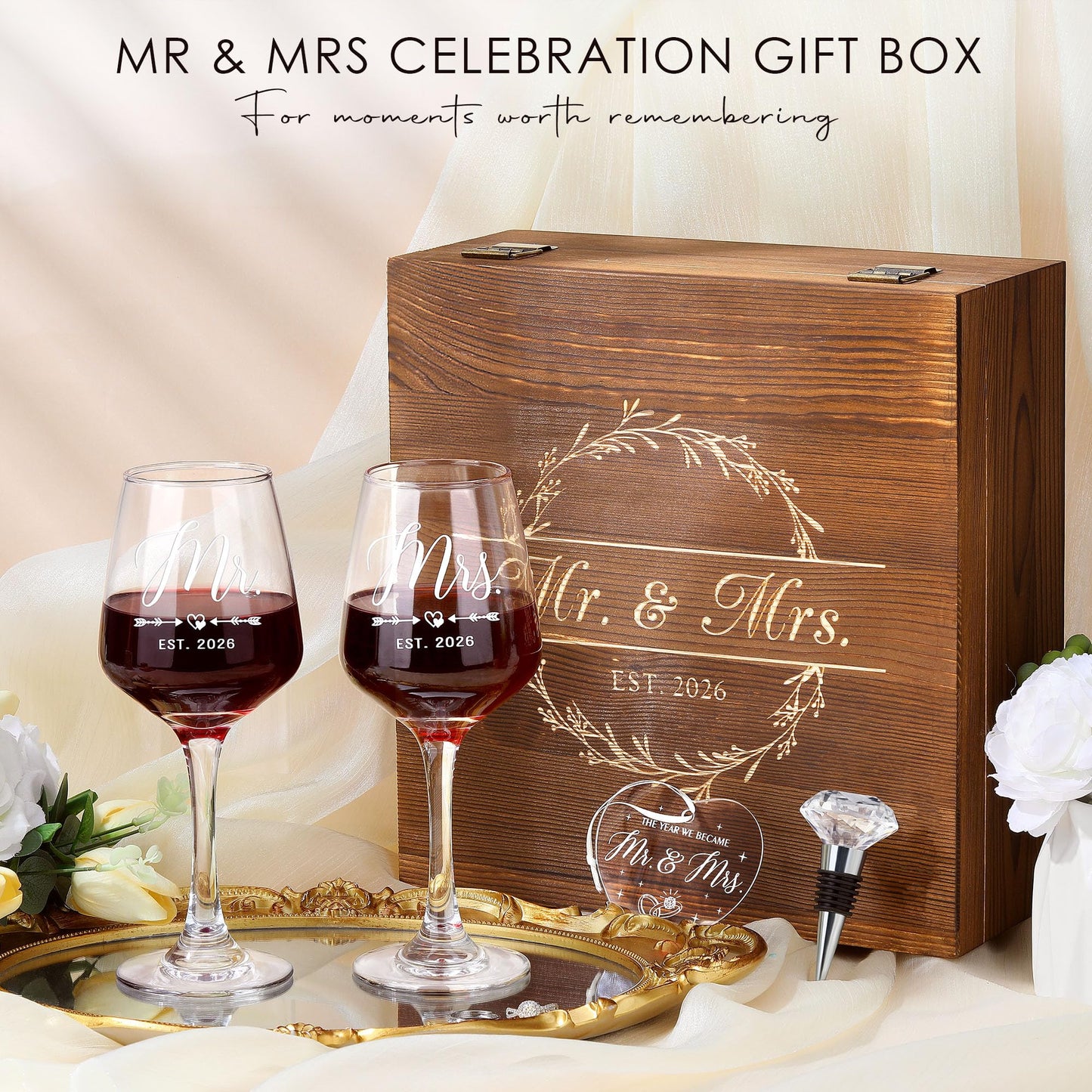 Verouis Wedding Gifts for Couples 2026 Mr and Mrs Engraved Wine Glasses Engagement Gift for Newlywed Bachelorette Bridal Shower Gifts for Bride and Groom Present for Bride To Be His and Hers