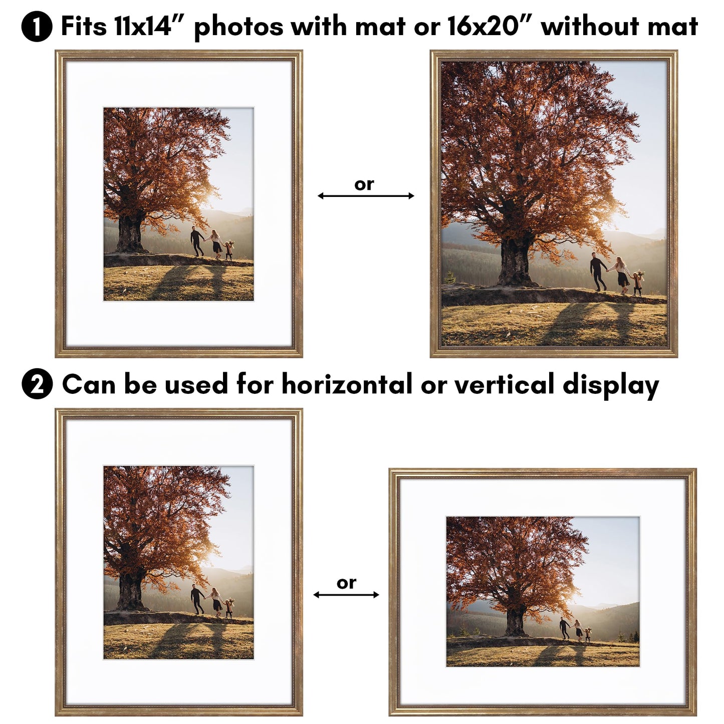 Americanflat Vintage Frames - 16x20 Picture Frame with Beaded Accents and Polished Plexiglass - Use as 11x14 Frame or Display 16x20 Photos Without Mat - Heirloom Collection - Wall Display - Gold