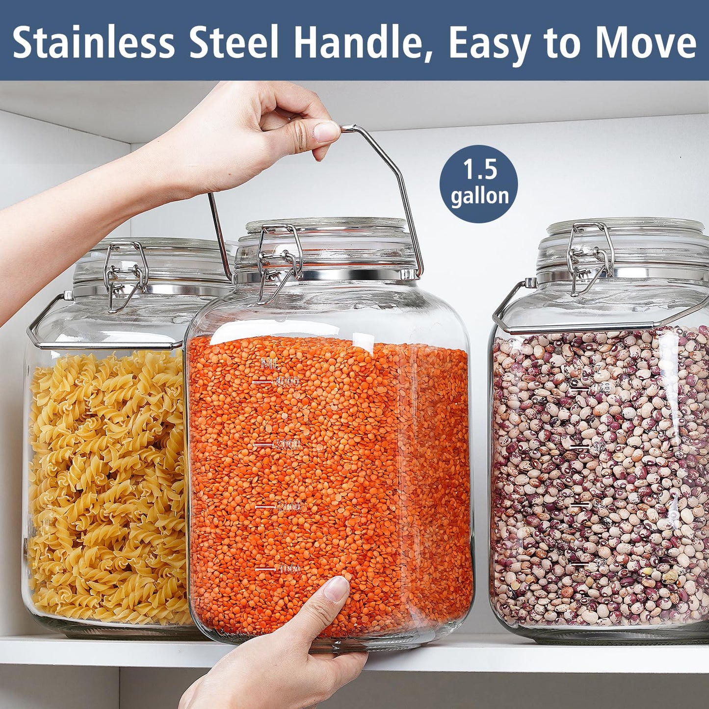 Folinstall 2 Pack 1.5 Gallon Glass Jar with Airtight Lid, 192 oz Square Wide Mouth Mason Jars with Stainless Steel Handle, Large Glass Storage Containers for Canning, Flour, Sugar, Rice, Pickled Eggs