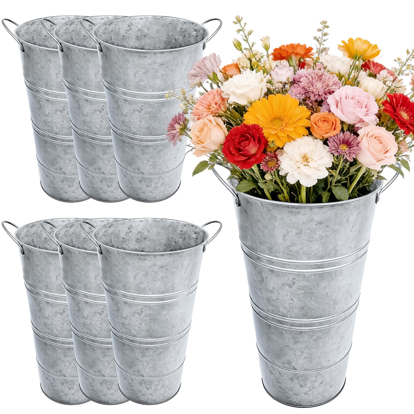 12 Inch Galvanized Metal Flower Buckets, Set of 6 - Rustic Tin Vases with Handles for Farmhouse & Wedding Decor, Tall Planters for Cut Flowers, Table Centerpiece & Home Organization
